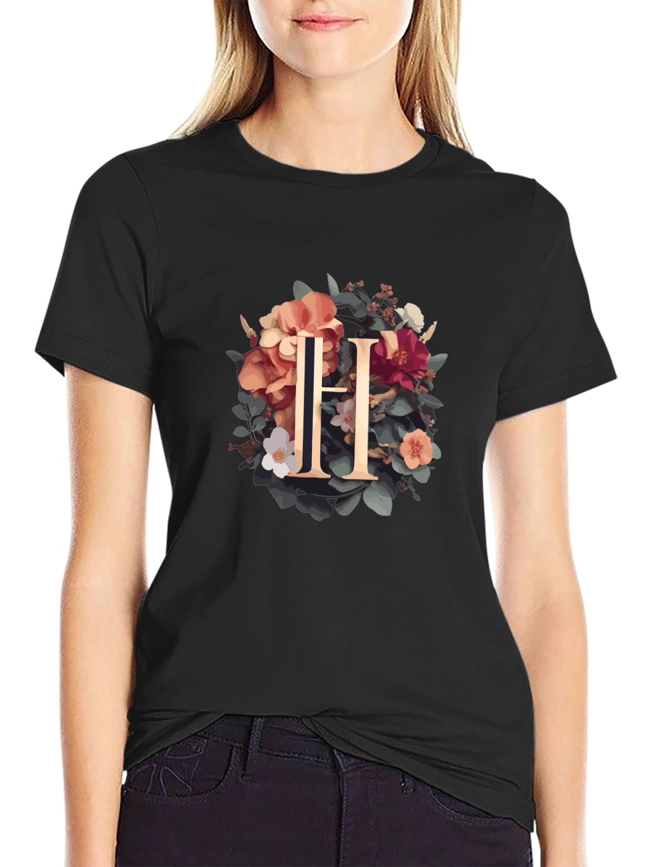 Floral Letter H T-Shirt - Elegant Initial Design