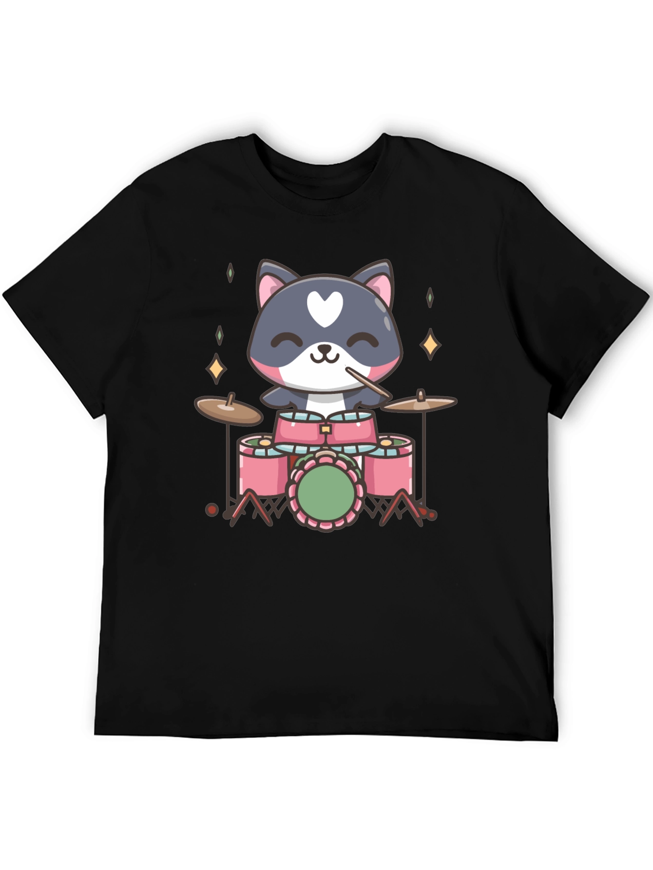 Cute Cat Drummer Black T-Shirt