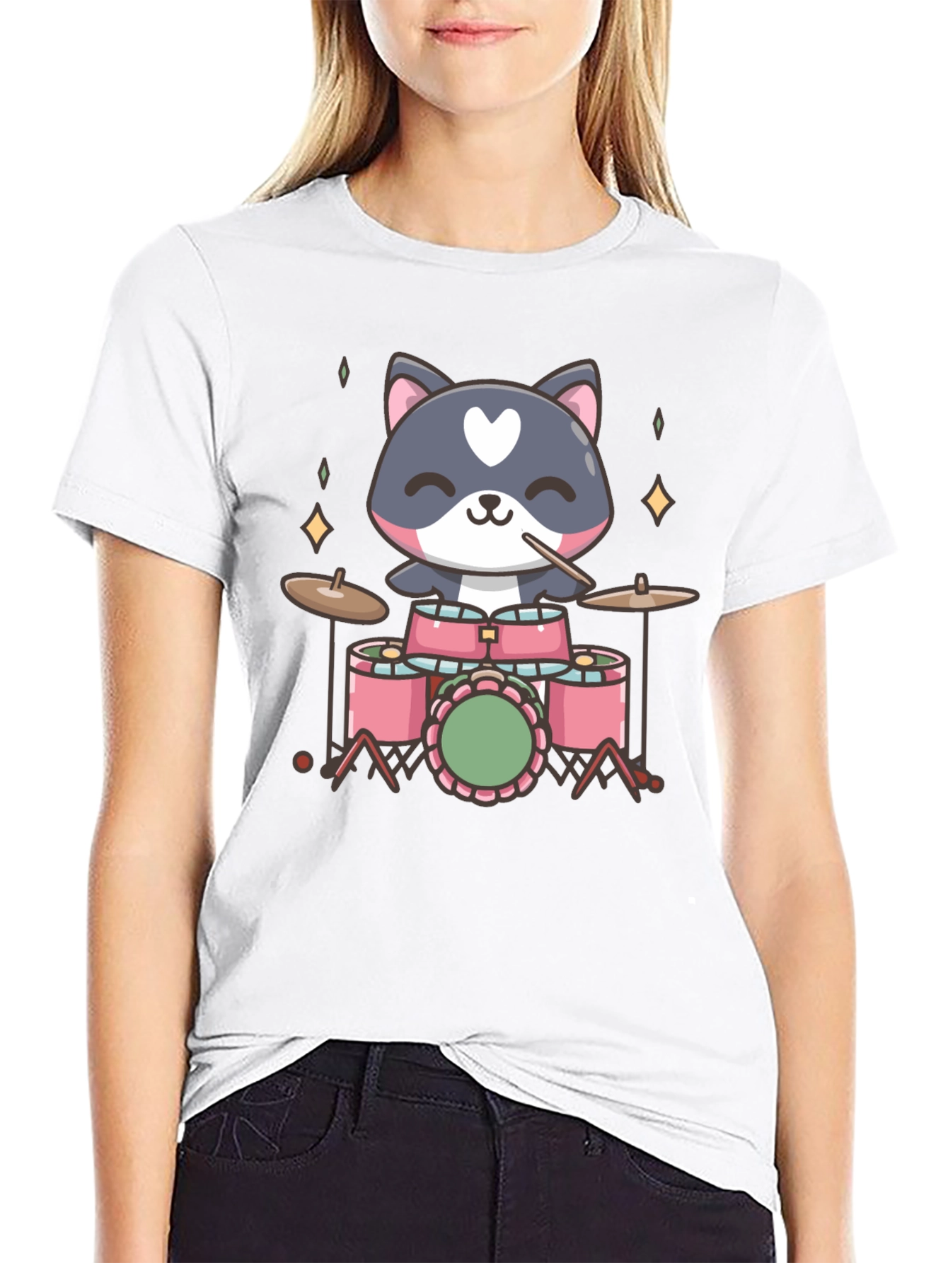 Cute Cat Drummer Black T-Shirt