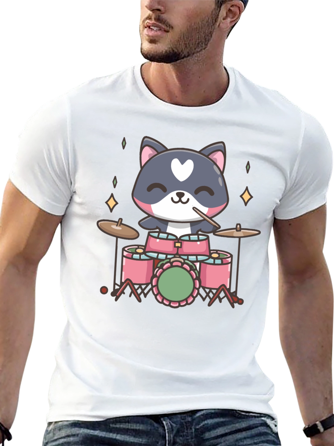Cute Cat Drummer Black T-Shirt