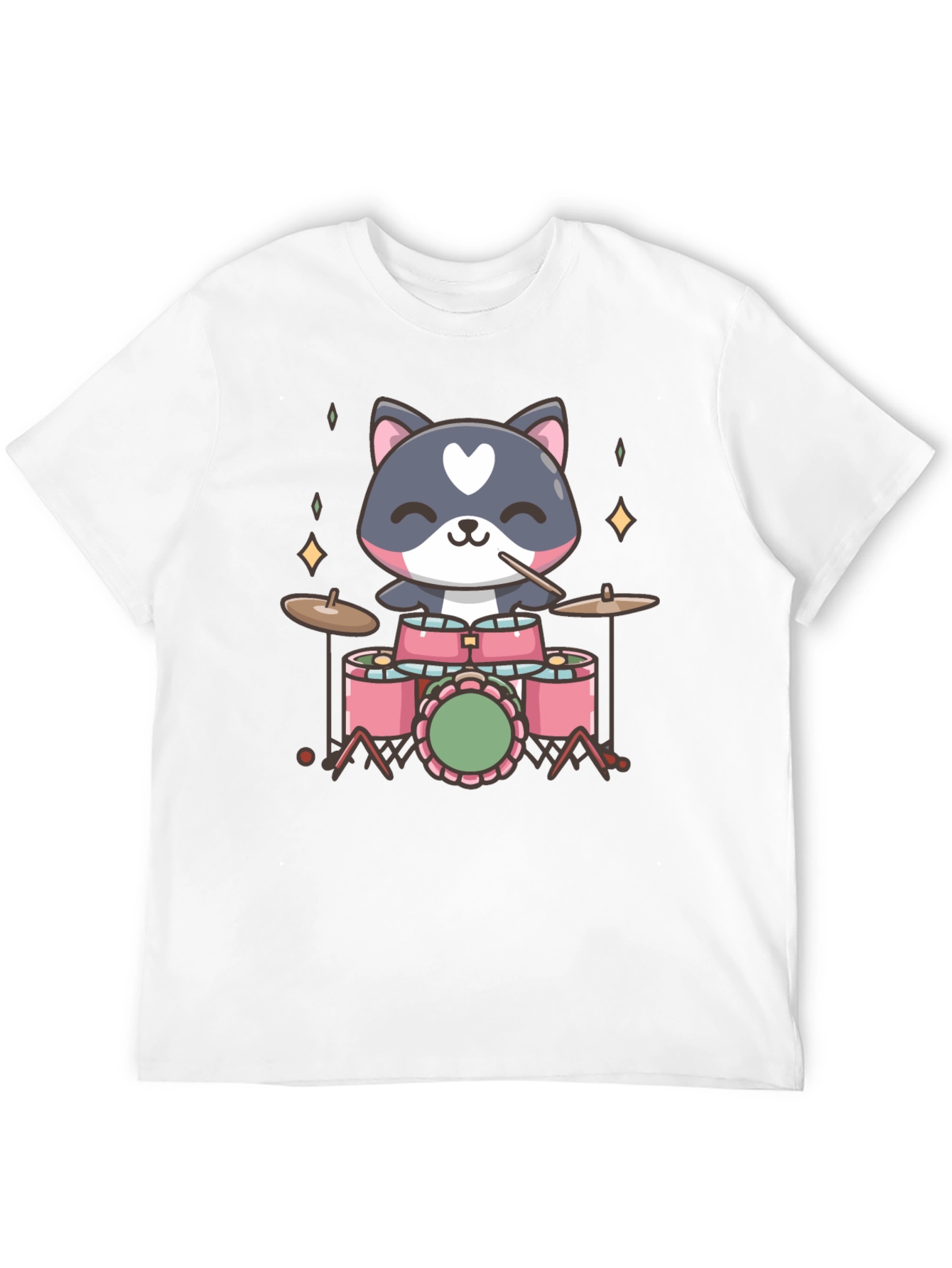 Cute Cat Drummer Black T-Shirt