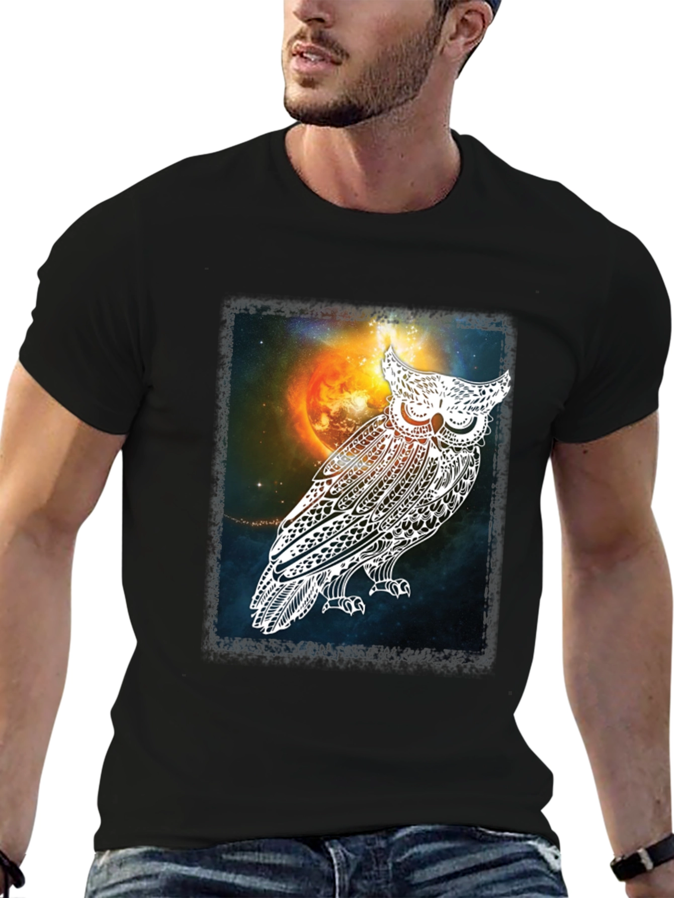 Cosmic Owl Graphic Tee - Mens Black T-Shirt