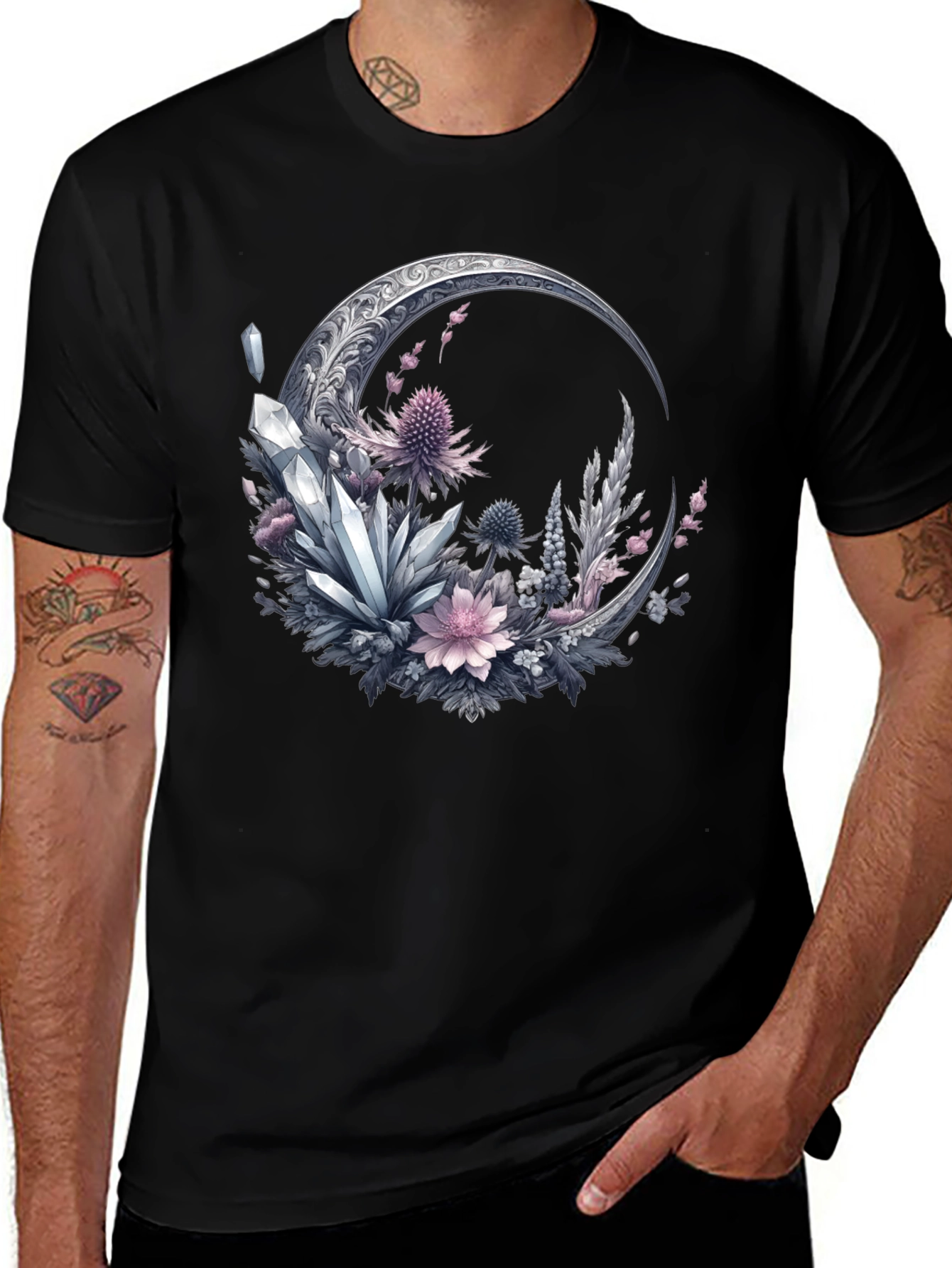 Crescent Moon Crystal Floral T-Shirt