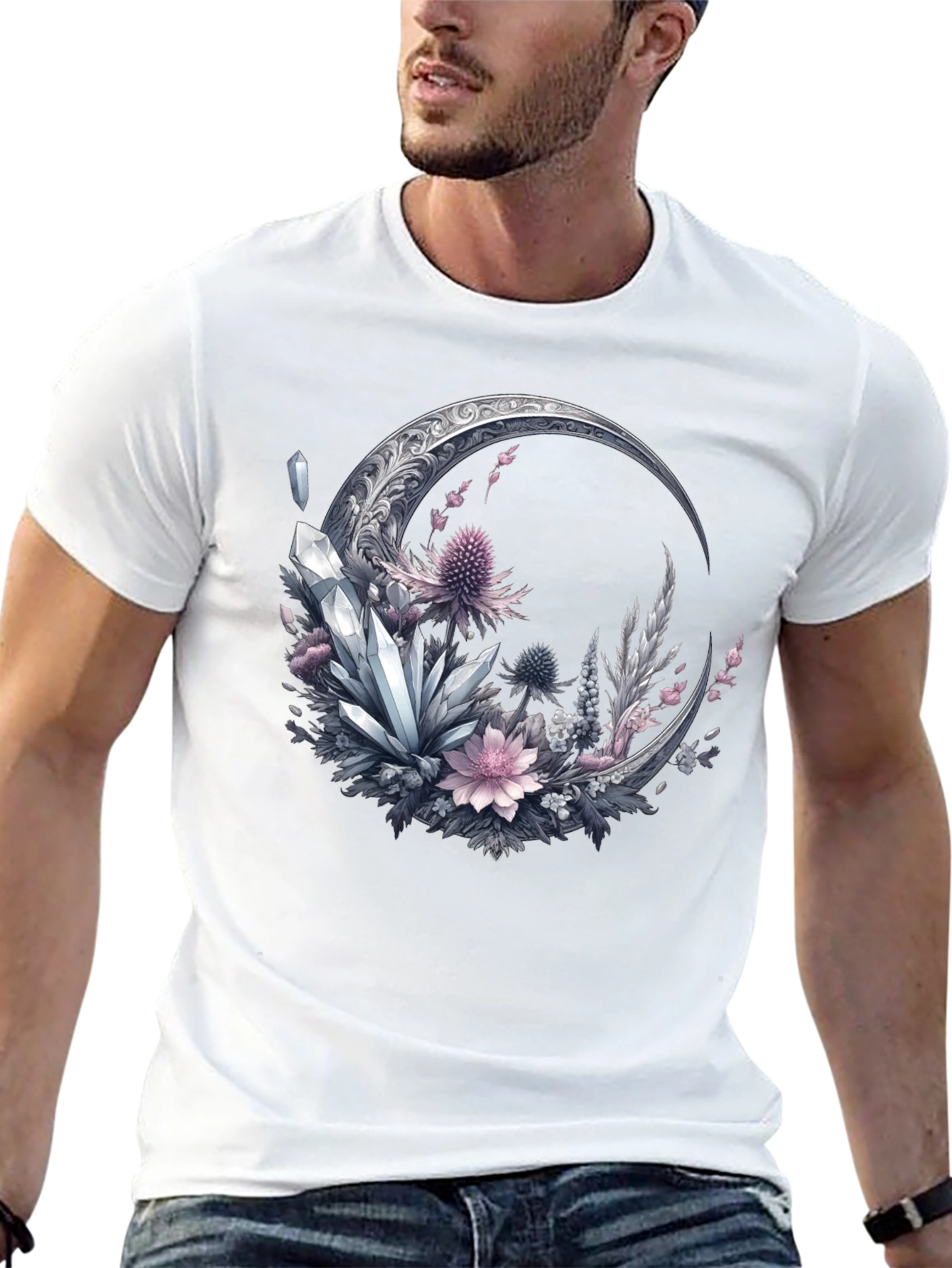 Crescent Moon Crystal Floral T-Shirt