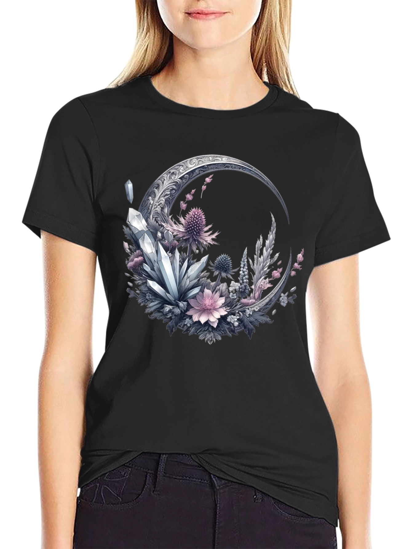 Crescent Moon Crystal Floral T-Shirt