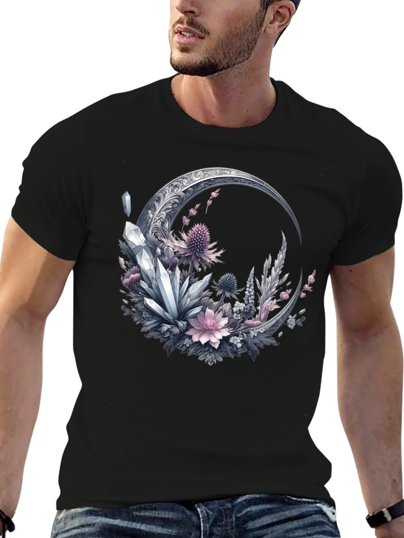 Crescent Moon Crystal Floral T-Shirt