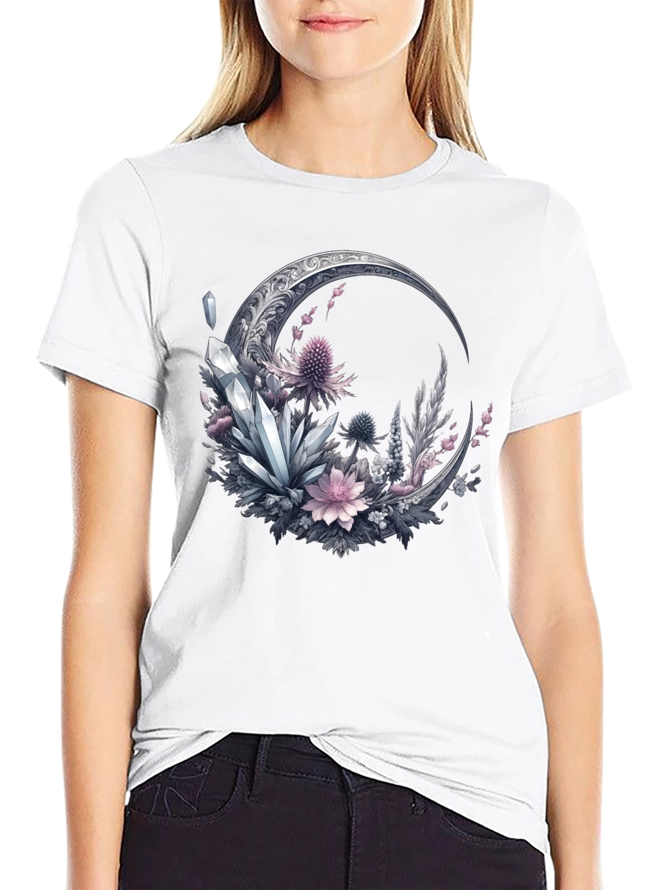 Crescent Moon Crystal Floral T-Shirt