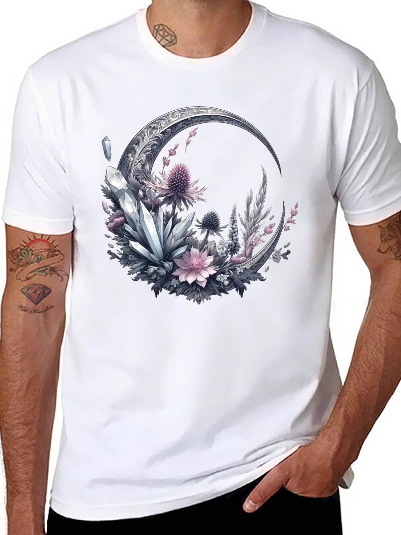 Crescent Moon Crystal Floral T-Shirt