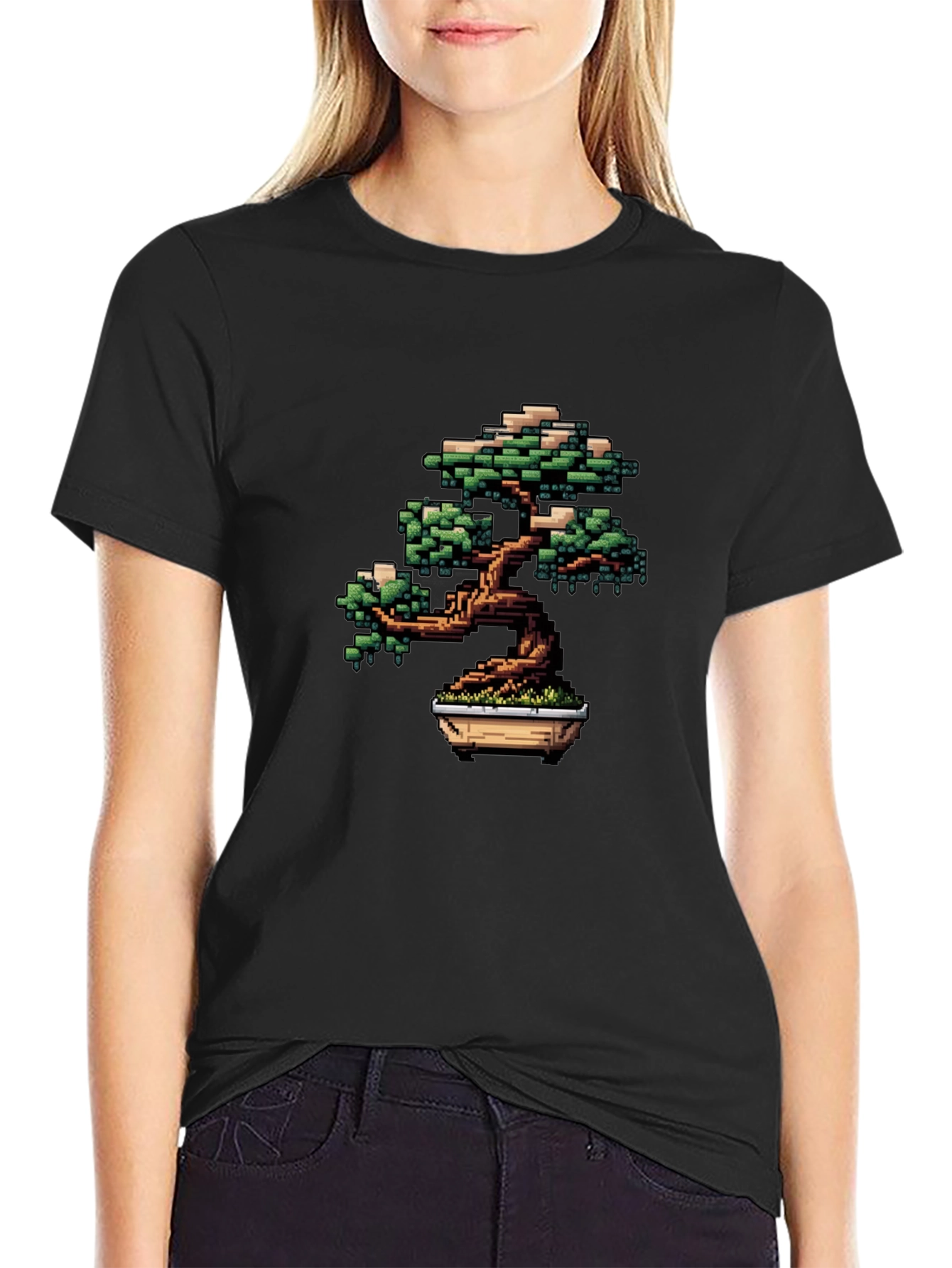 Pixel Art Bonsai Tree Black T-Shirt