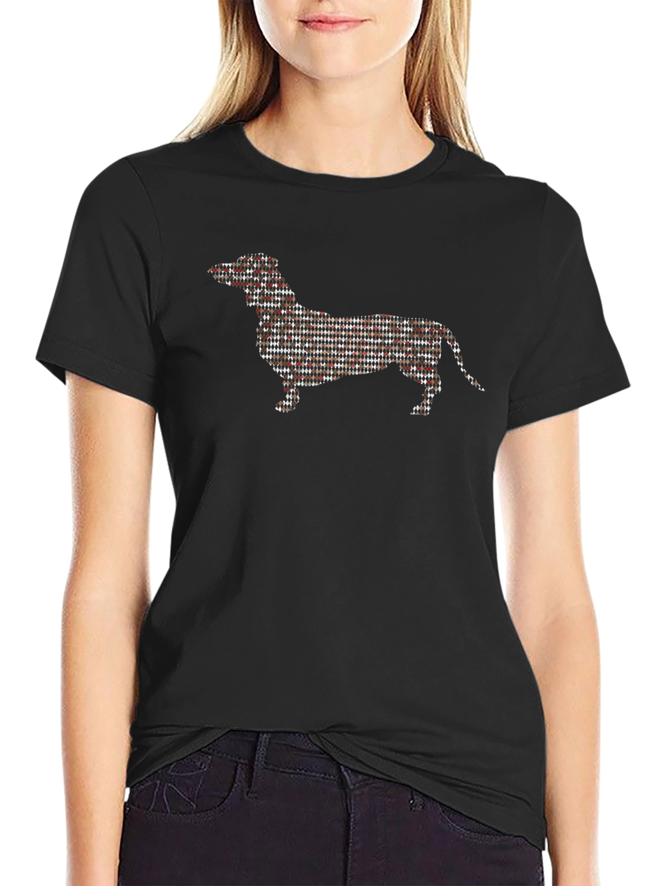 Dachshund Plaid Pattern Graphic Tee - Black