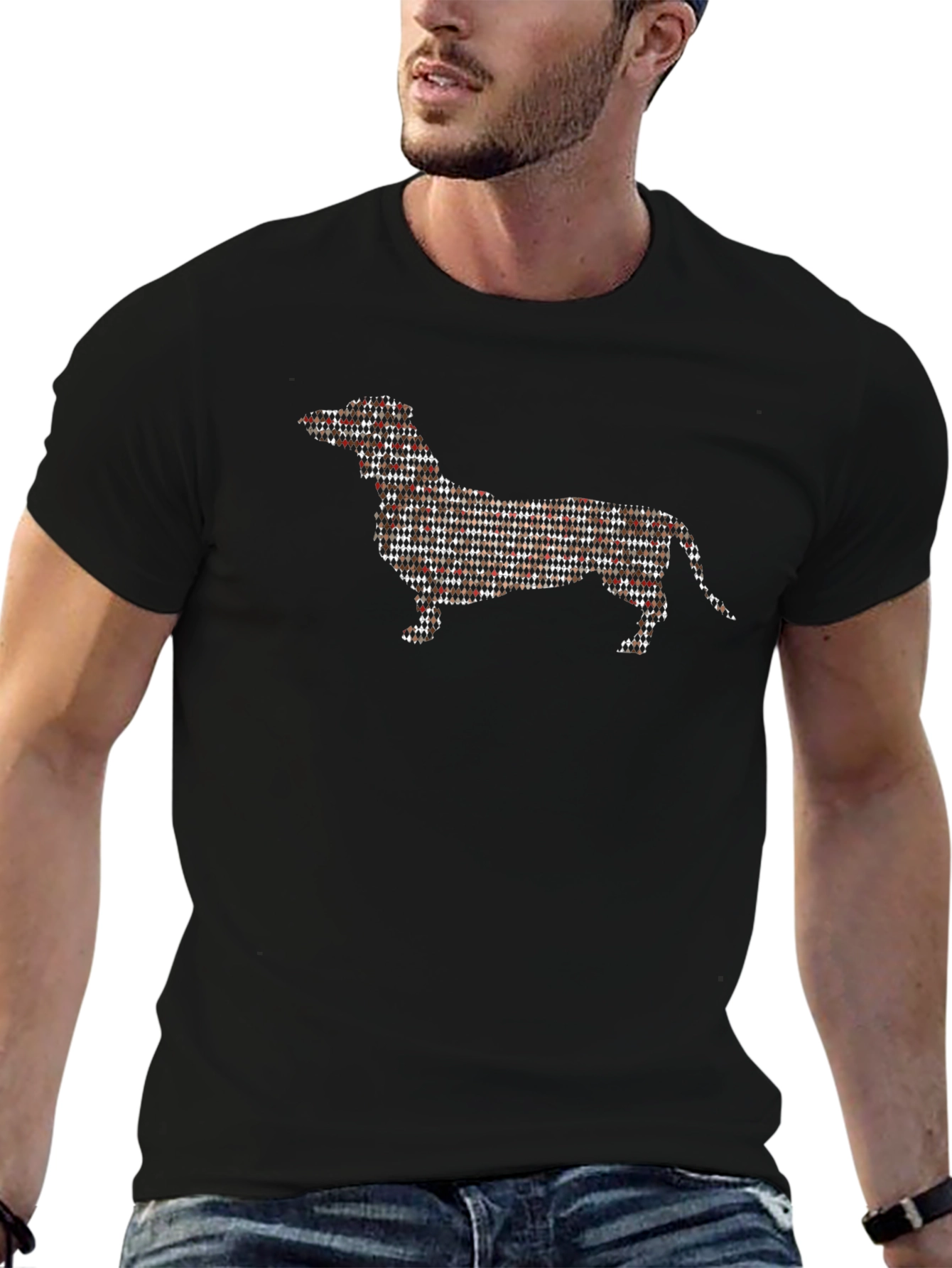 Dachshund Plaid Pattern Graphic Tee - Black