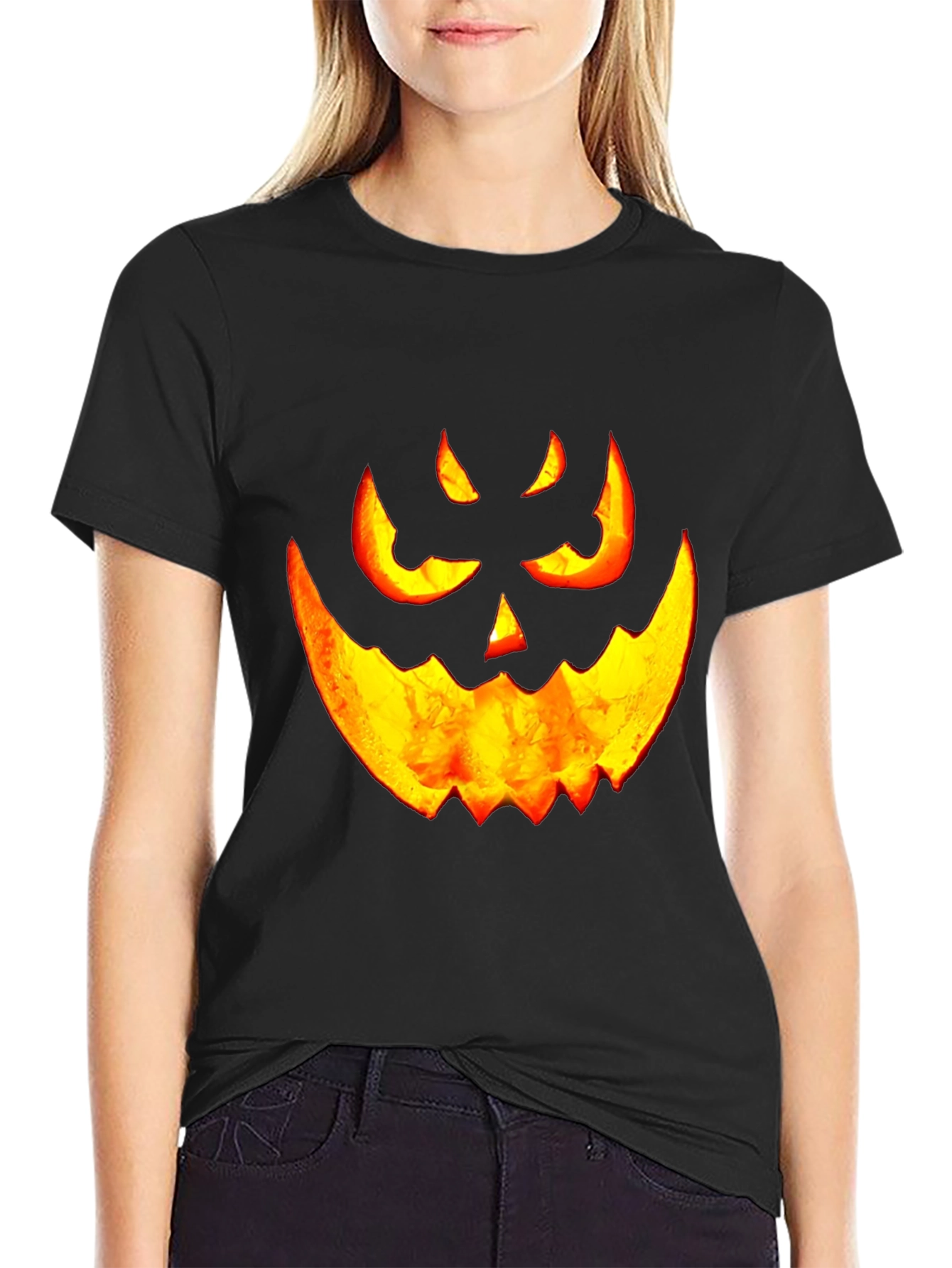 Halloween Pumpkin Face Graphic Tee - Black Cotton T-Shirt