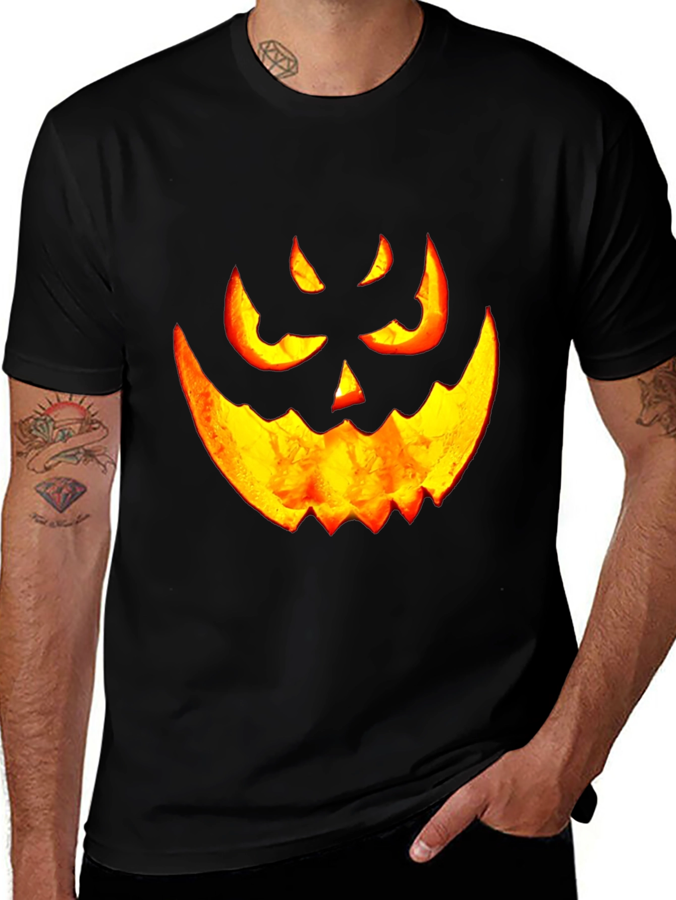 Halloween Pumpkin Face Graphic Tee - Black Cotton T-Shirt