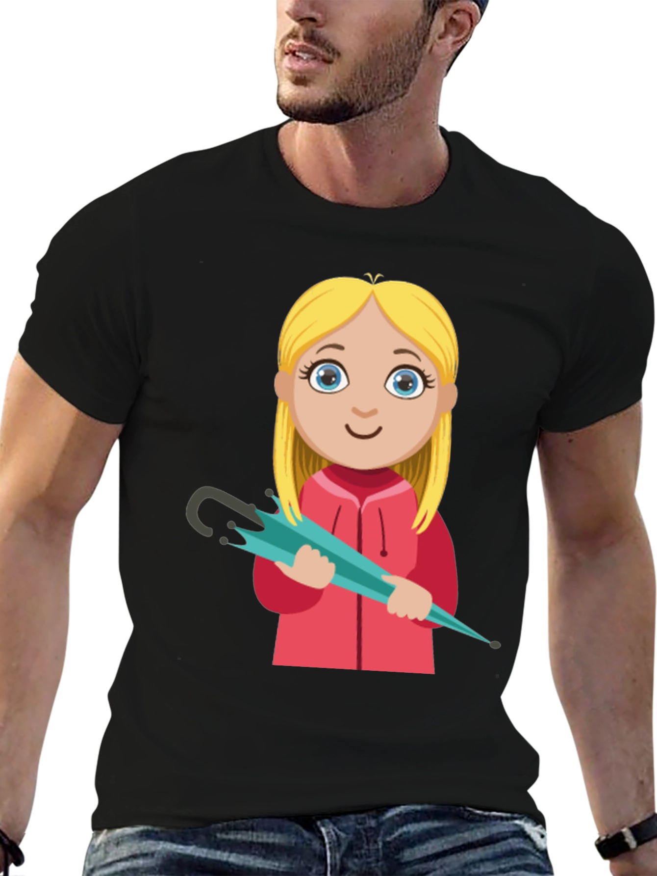 Cartoon Girl with Umbrella Black T-Shirt
