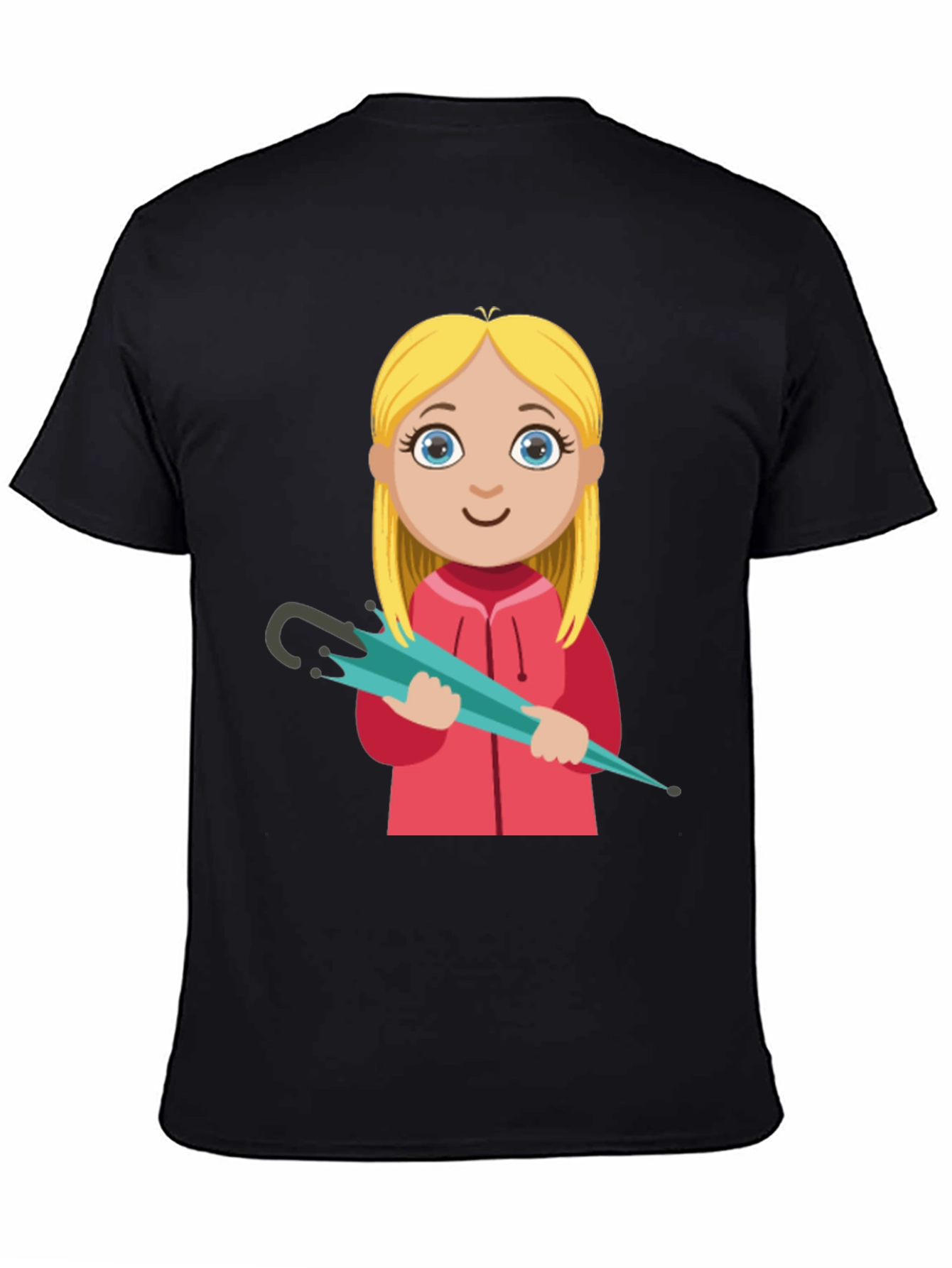 Cartoon Girl with Umbrella Black T-Shirt