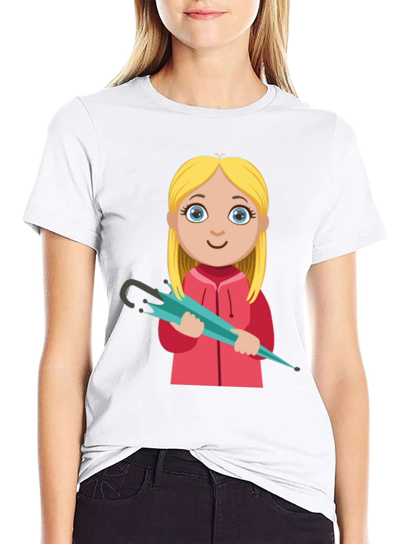 Cartoon Girl with Umbrella Black T-Shirt