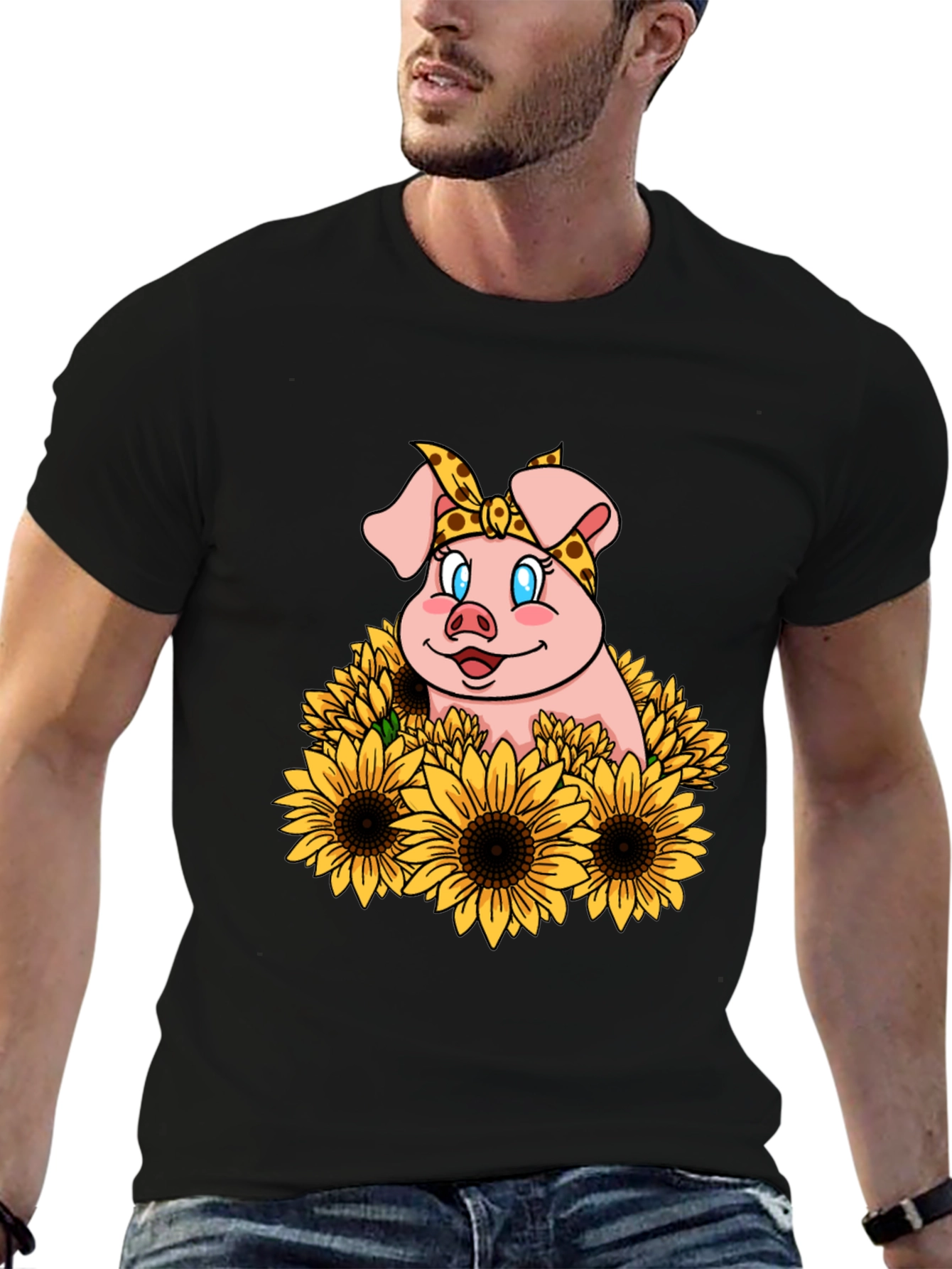 Cute Pig Sunflower Graphic T-Shirt