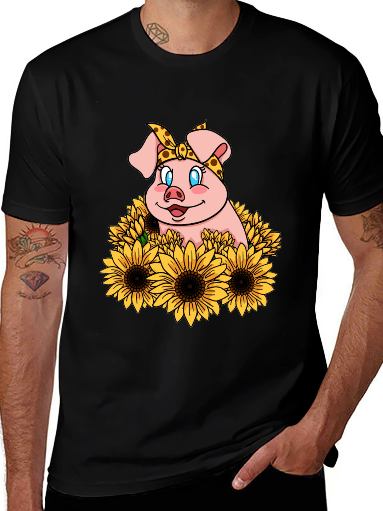 Cute Pig Sunflower Graphic T-Shirt