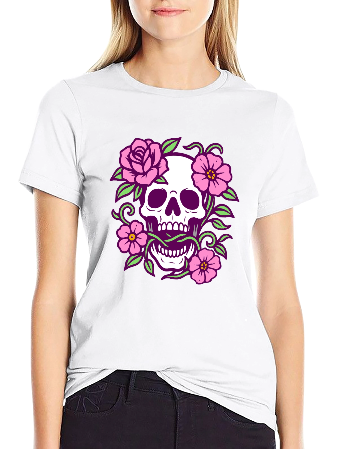 Floral Skull Graphic Tee - Black