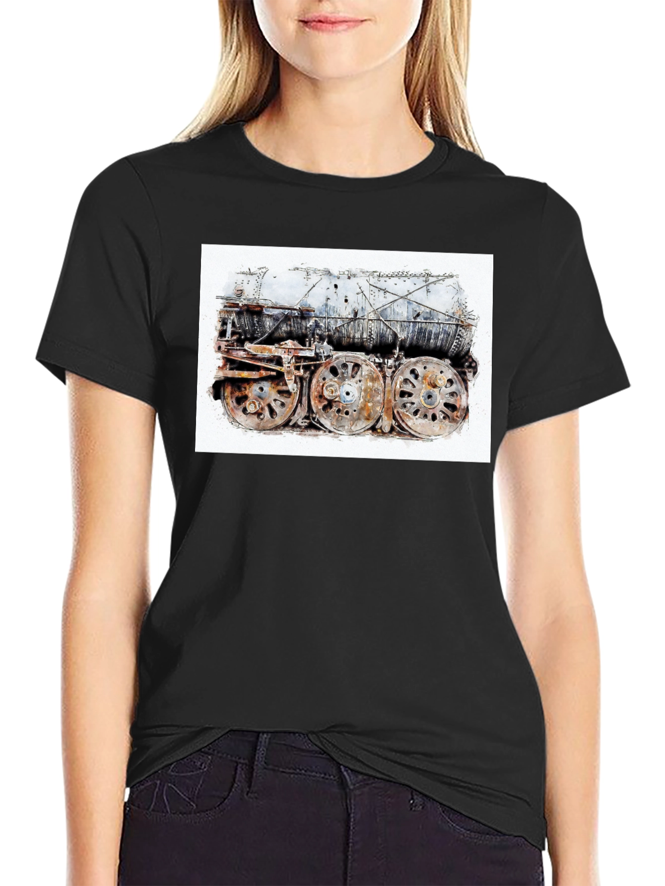 Steam Train Graphic Tee - Black Cotton Comfort