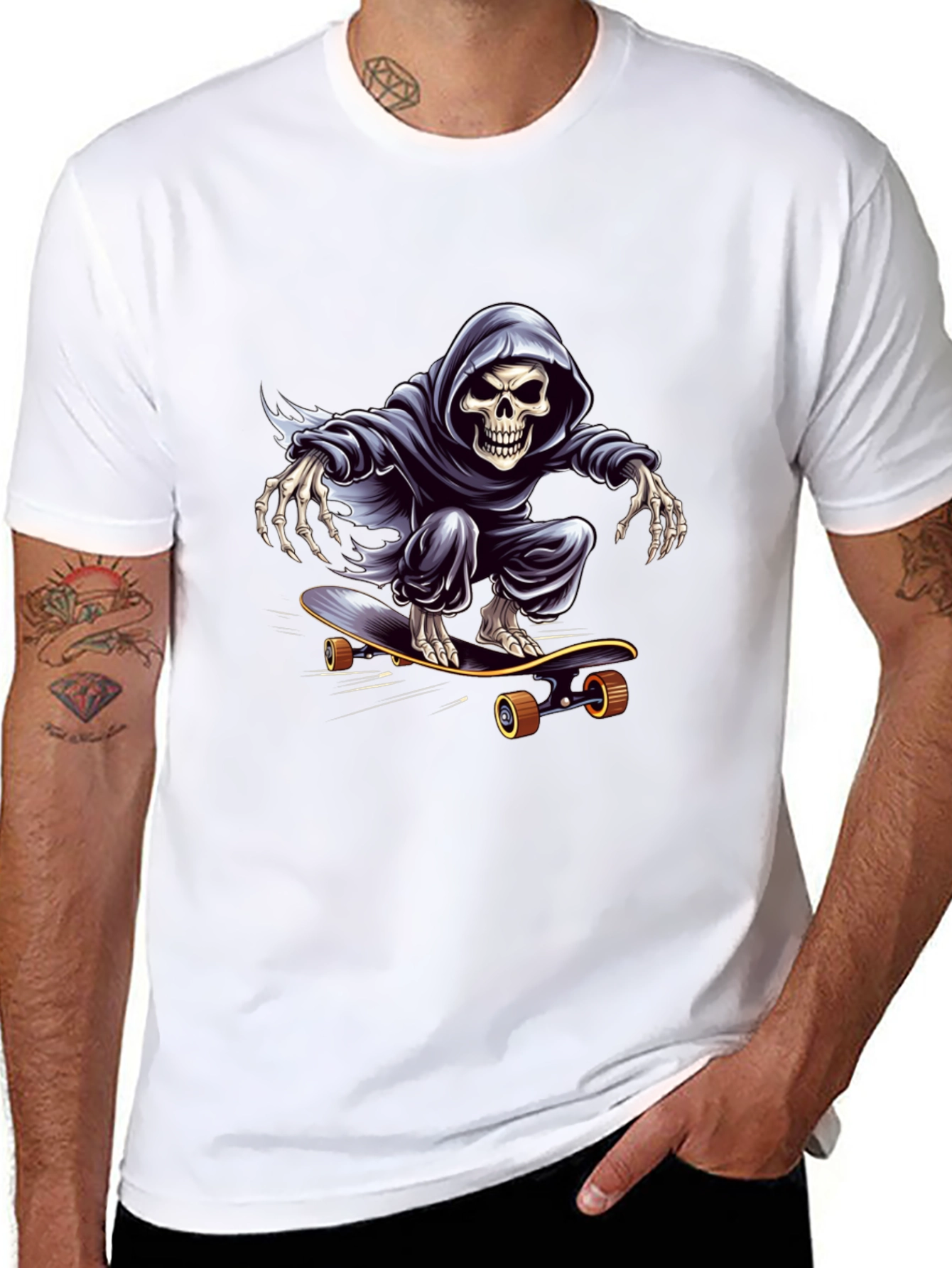 Grim Reaper Skateboarding Graphic Tee - Cool Skeleton Shirt