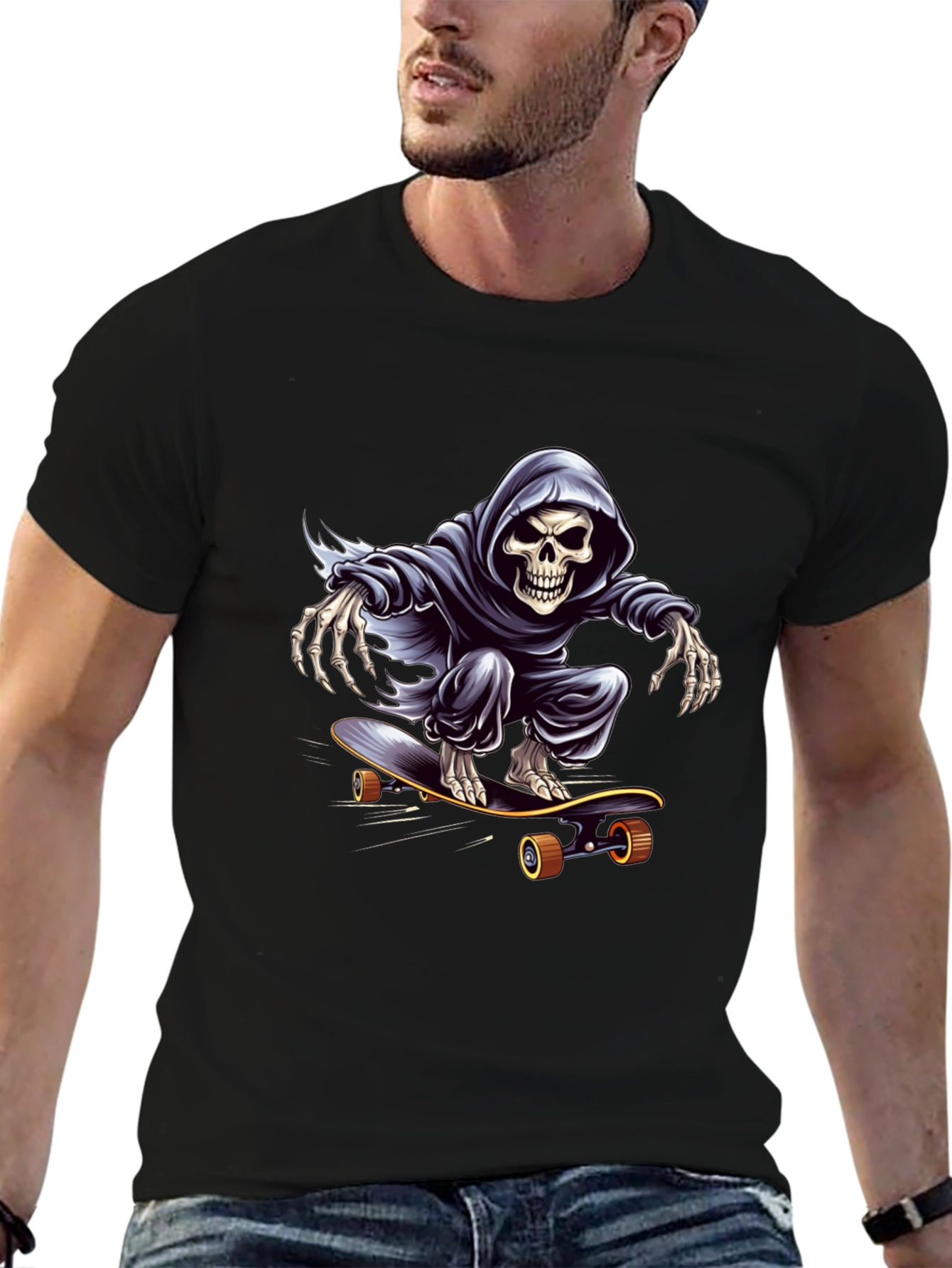 Grim Reaper Skateboarding Graphic Tee - Cool Skeleton Shirt