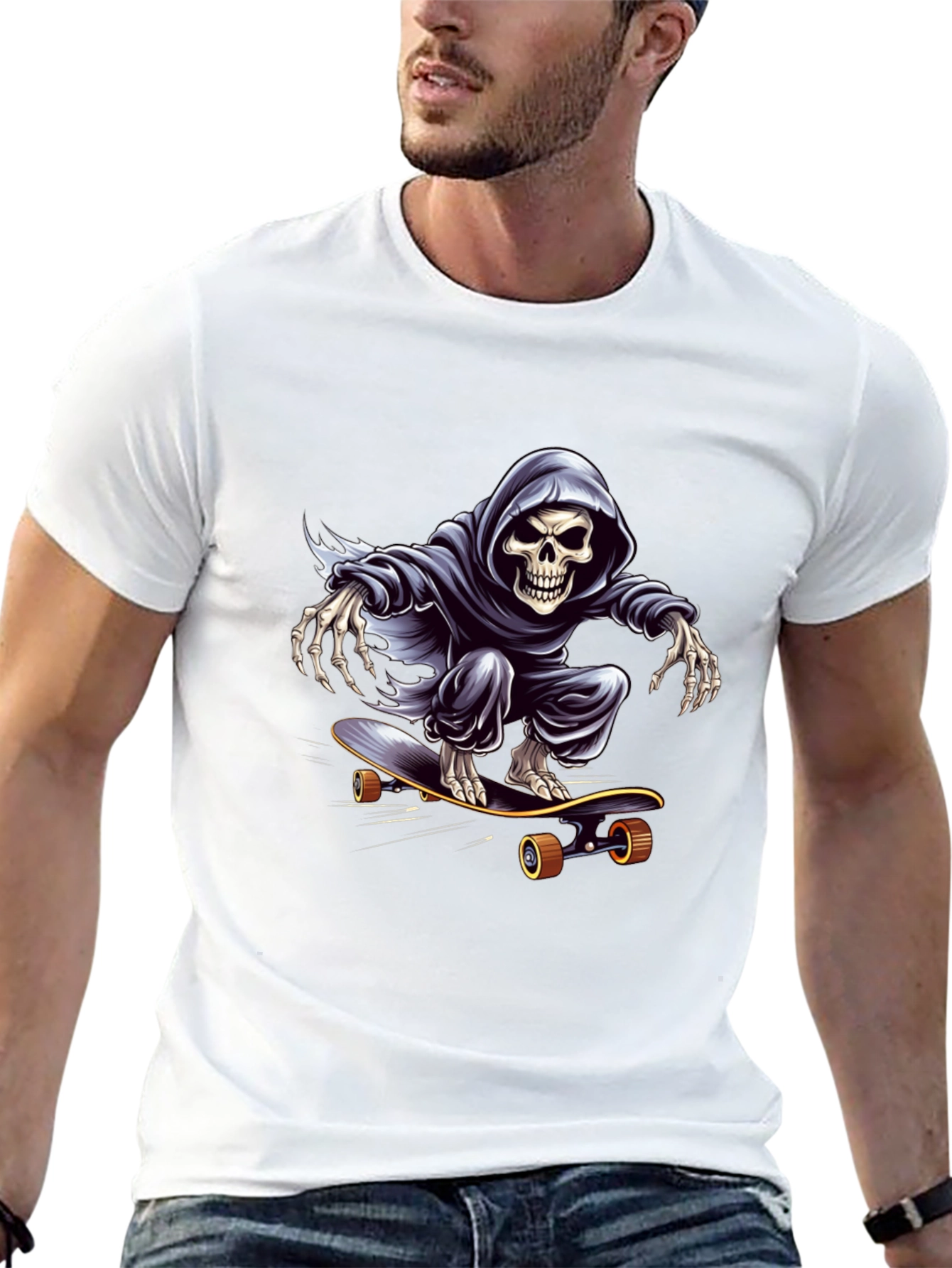 Grim Reaper Skateboarding Graphic Tee - Cool Skeleton Shirt