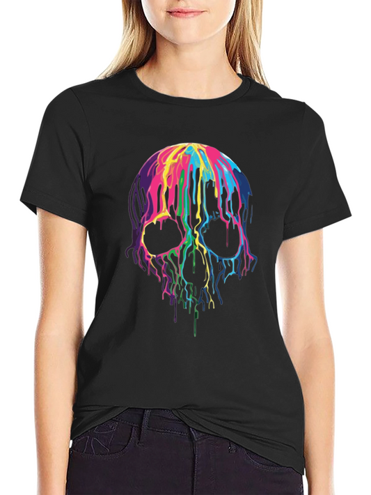Colorful Dripping Skull Graphic Black T-Shirt