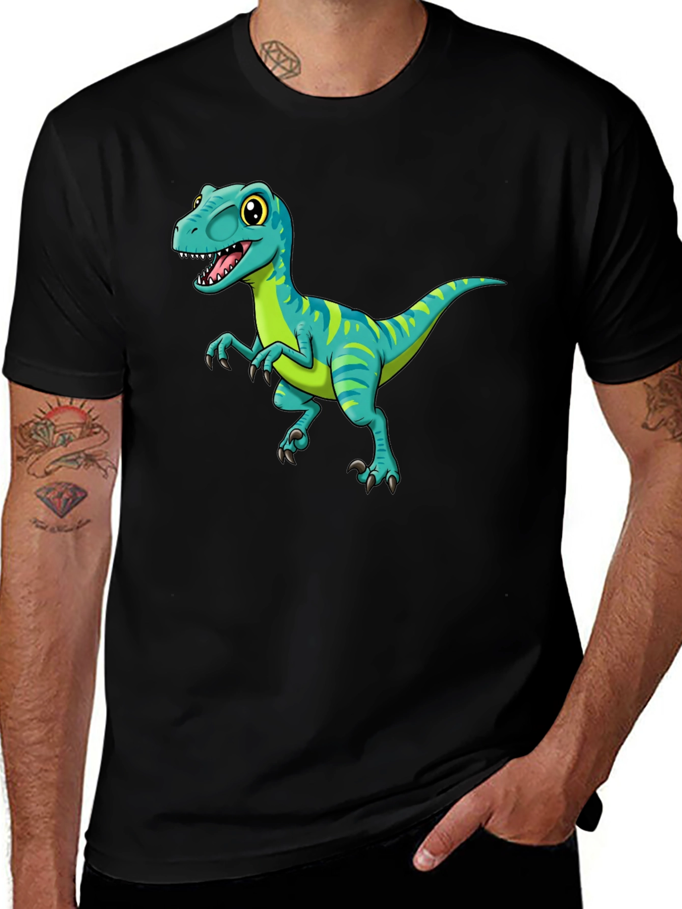 Cartoon Dinosaur Graphic Tee - Black