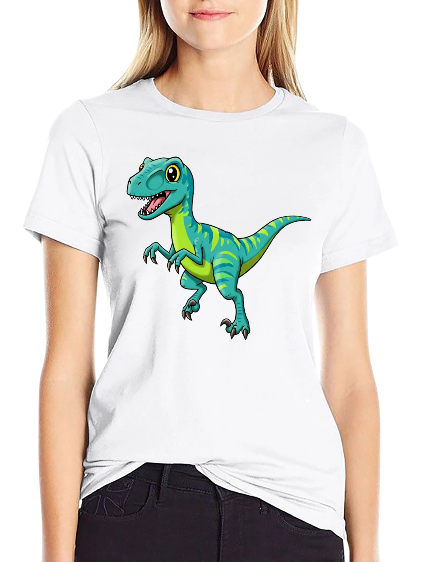 Cartoon Dinosaur Graphic Tee - Black