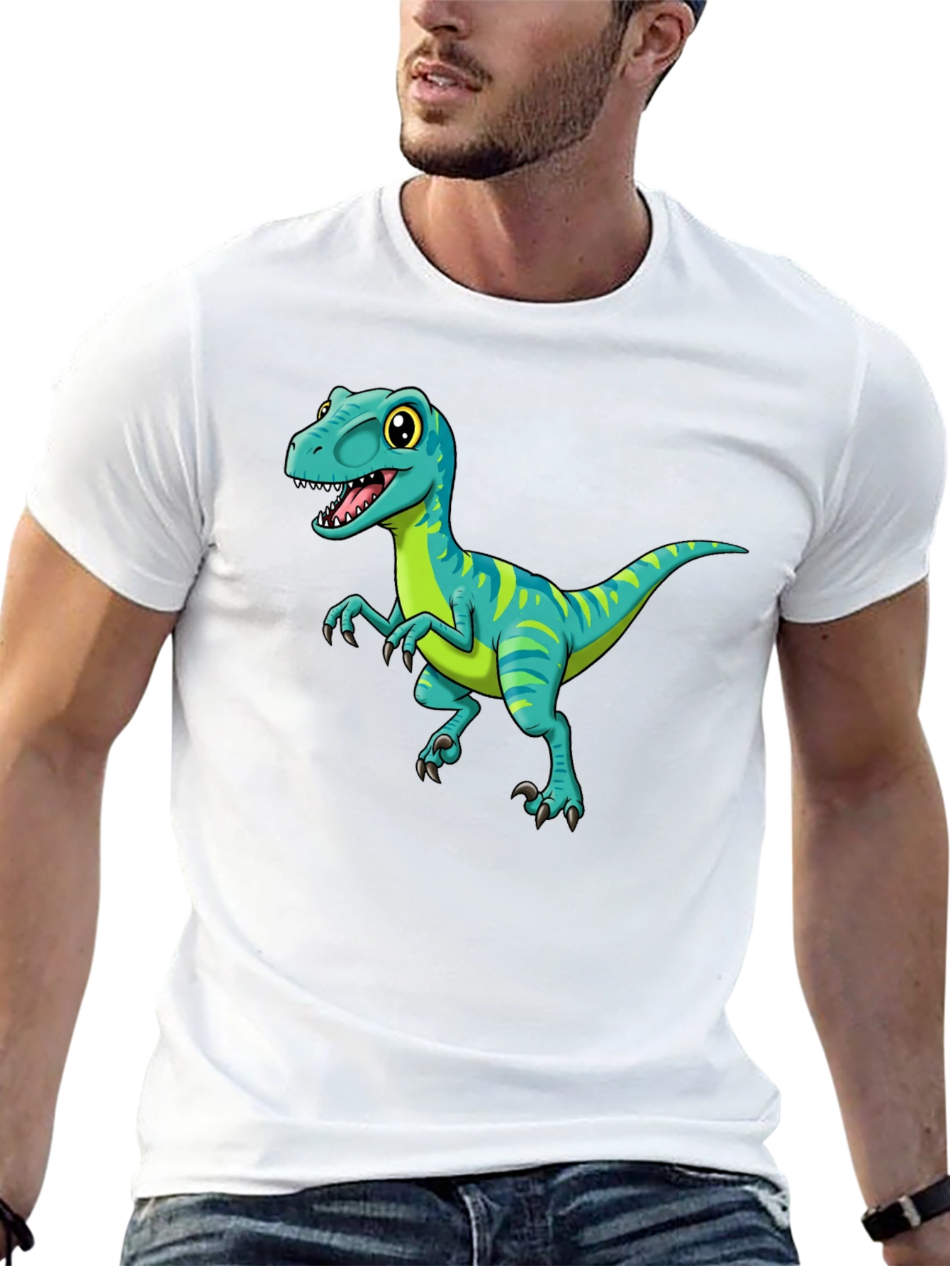 Cartoon Dinosaur Graphic Tee - Black