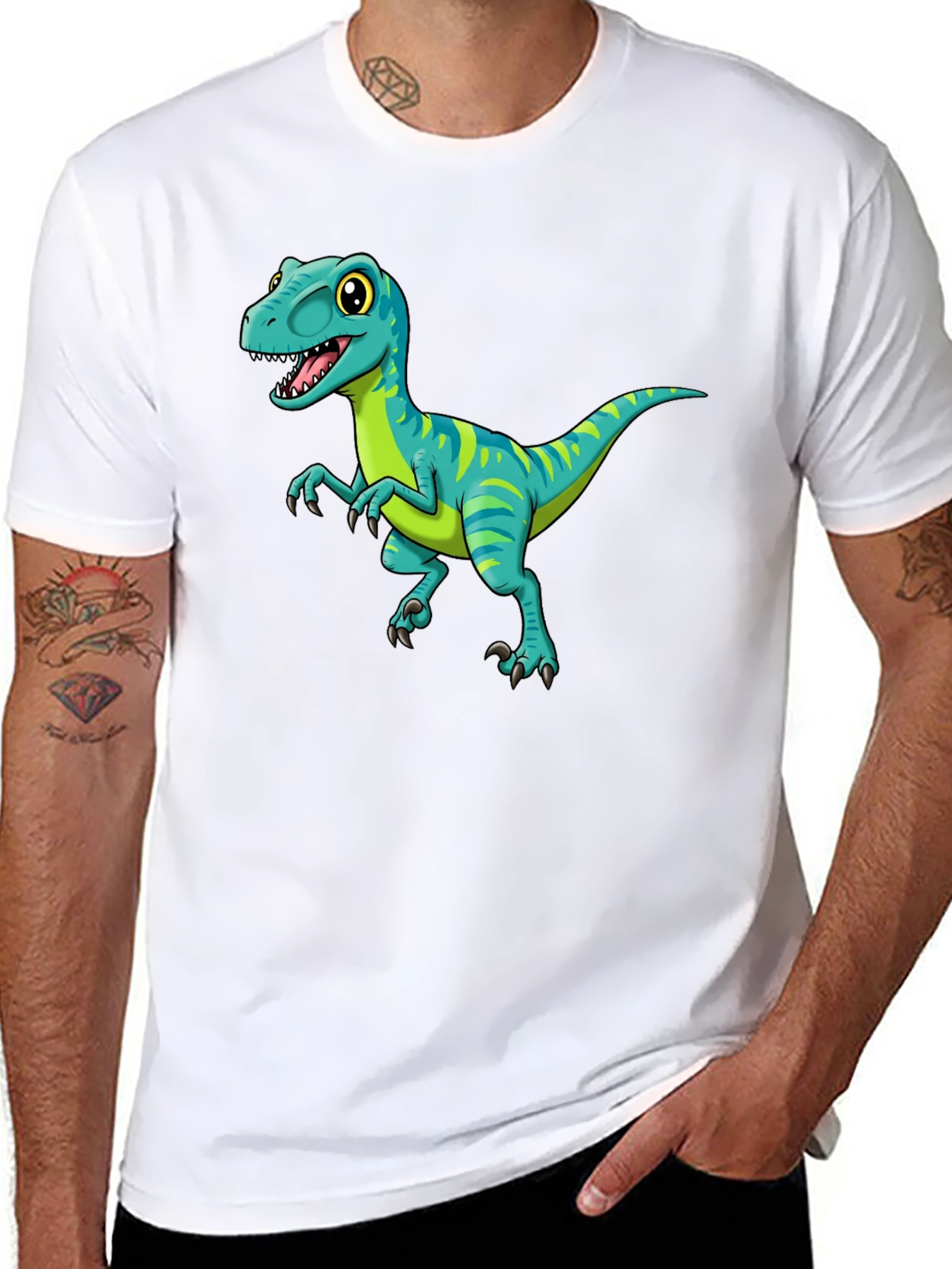Cartoon Dinosaur Graphic Tee - Black