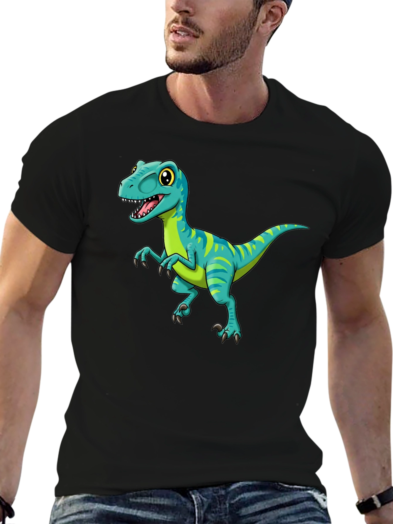 Cartoon Dinosaur Graphic Tee - Black