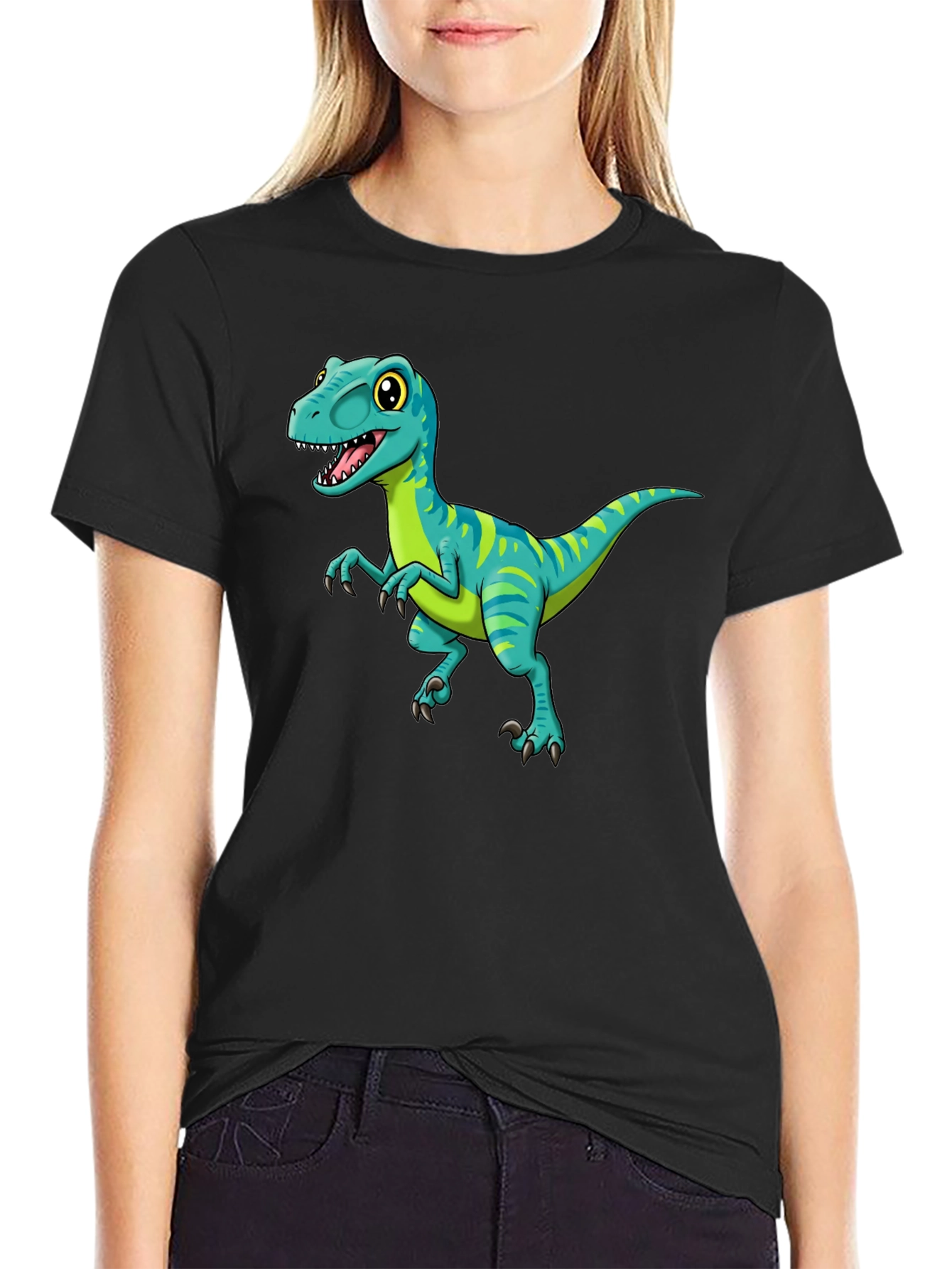 Cartoon Dinosaur Graphic Tee - Black