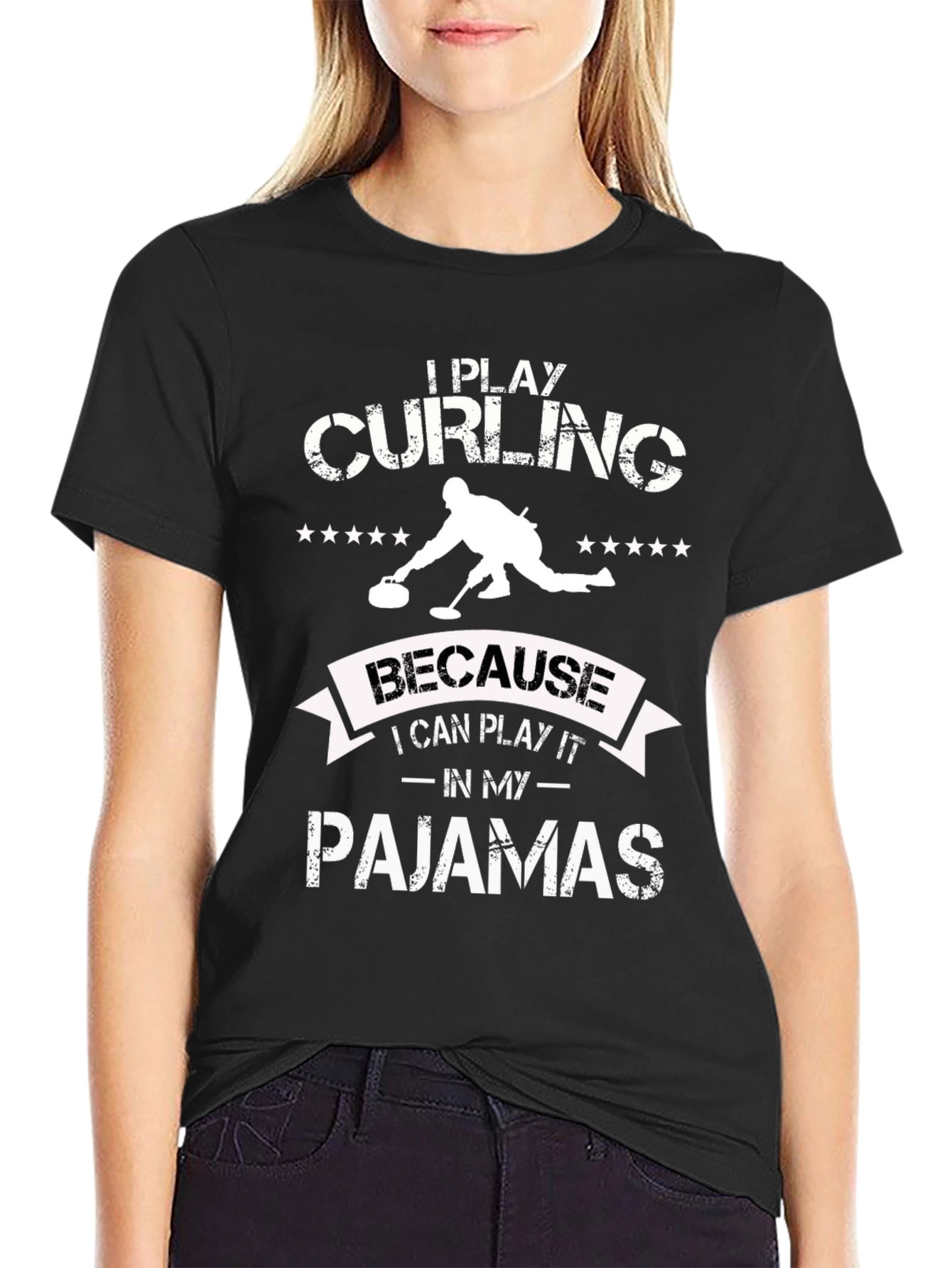 Funny Curling Pajamas Black Graphic T-Shirt