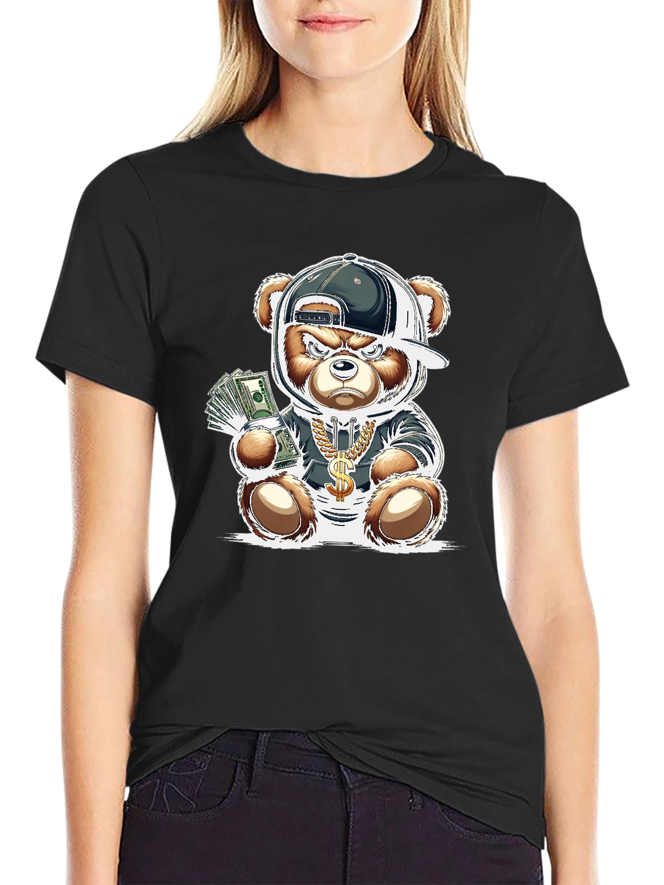 Trendy Teddy Bear Graphic Tee - Black