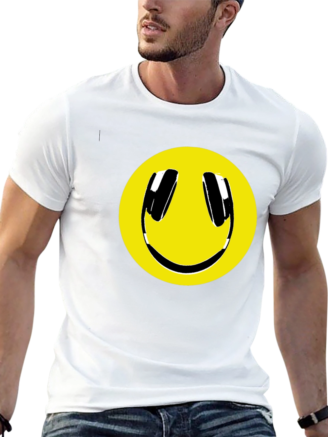 Smiley Face Headphone Graphic Tee - Black