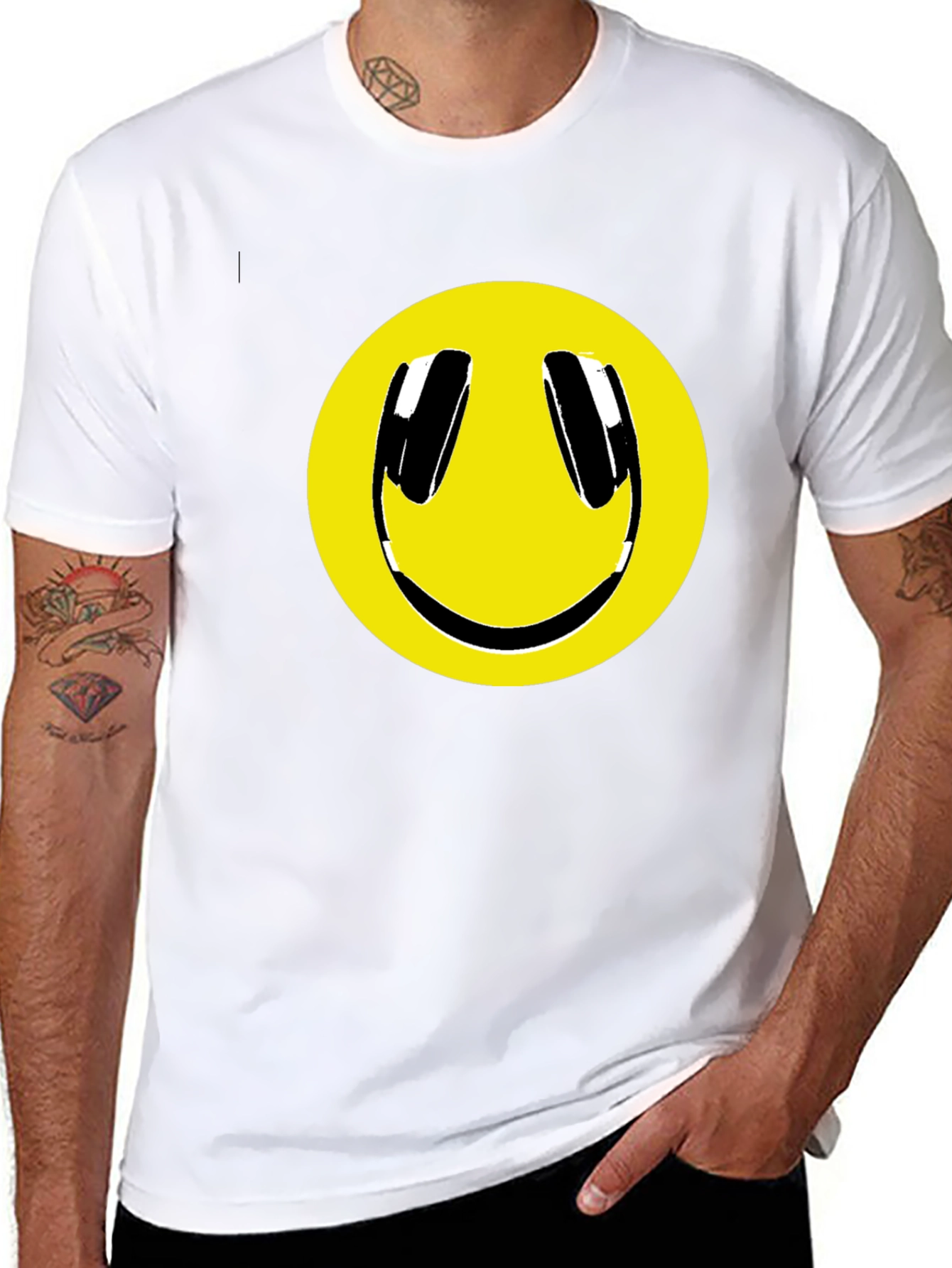 Smiley Face Headphone Graphic Tee - Black