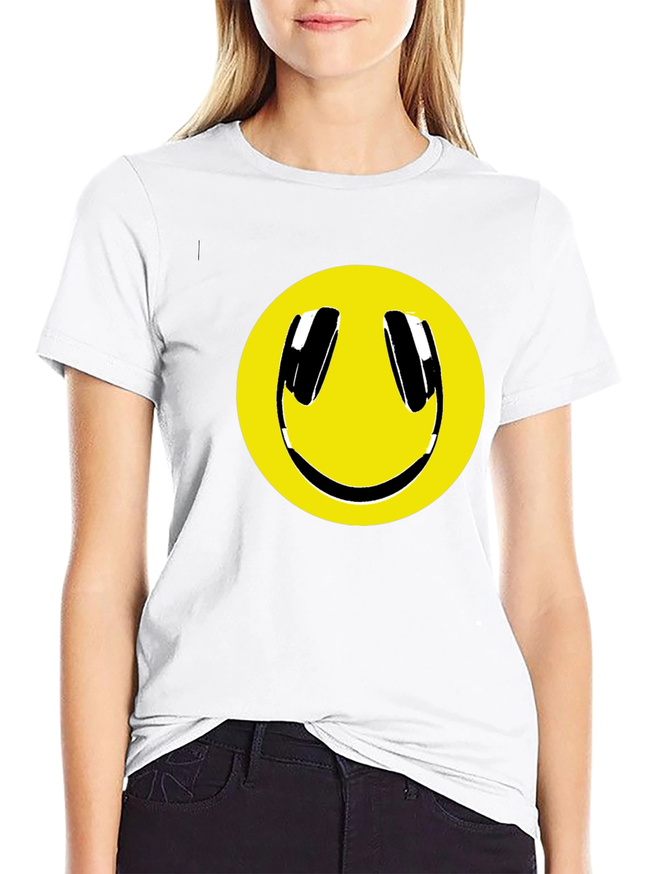 Smiley Face Headphone Graphic Tee - Black