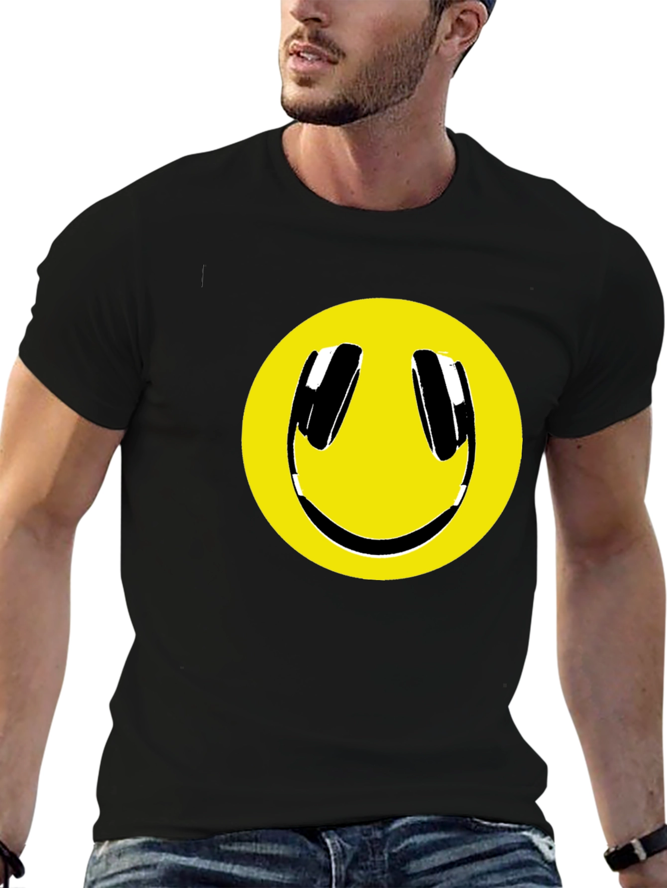 Smiley Face Headphone Graphic Tee - Black