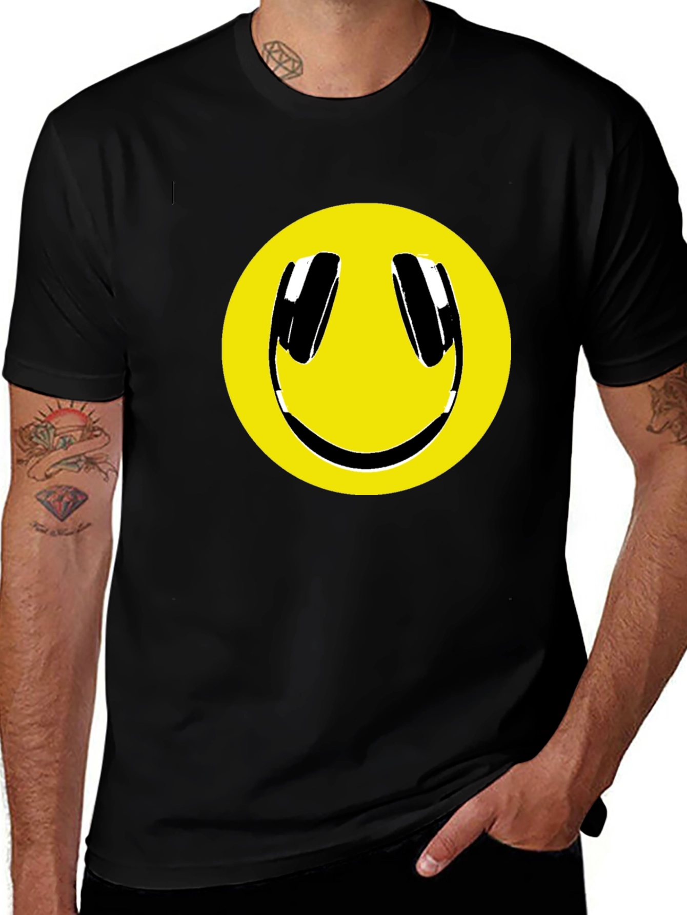 Smiley Face Headphone Graphic Tee - Black