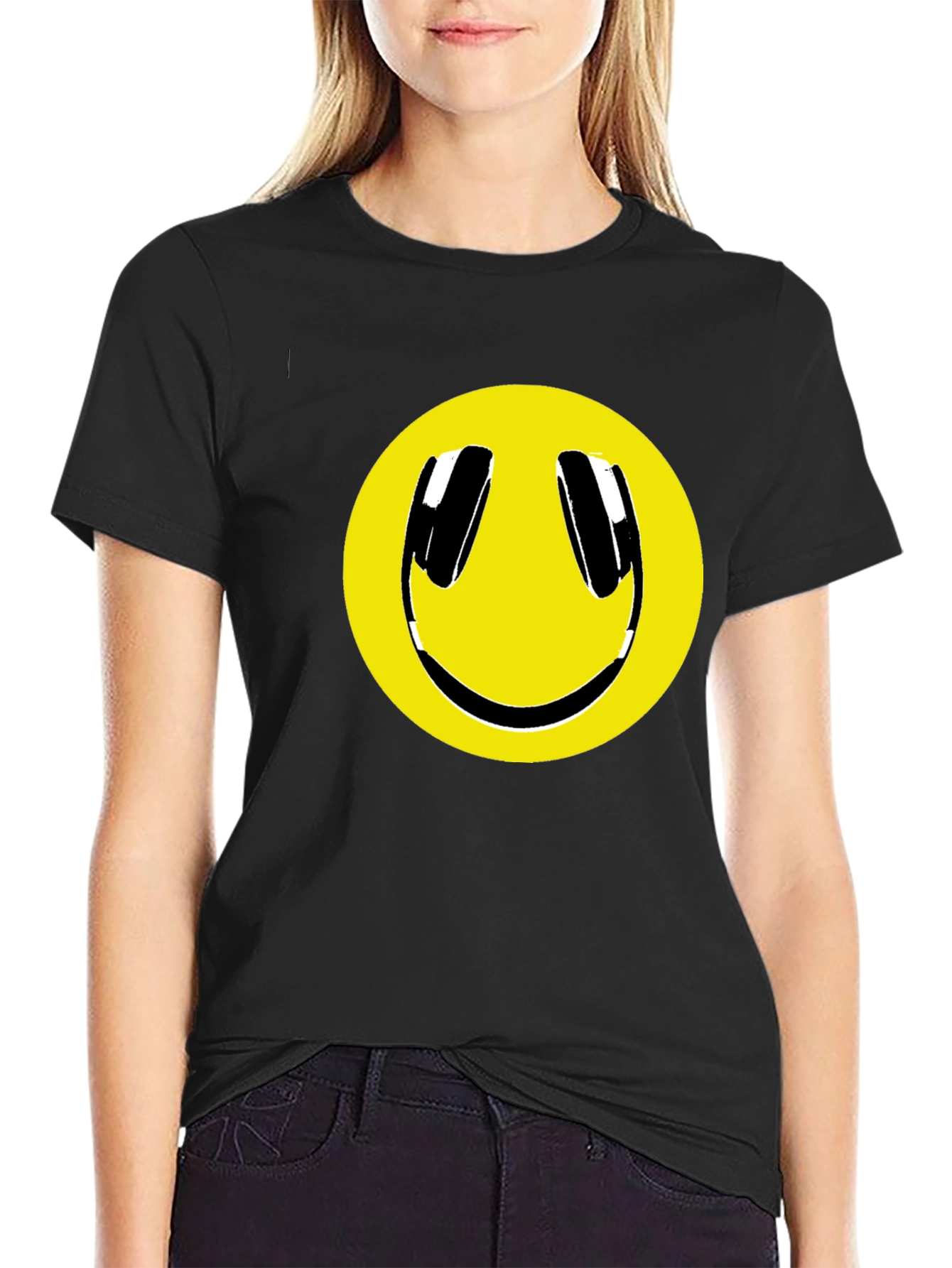 Smiley Face Headphone Graphic Tee - Black
