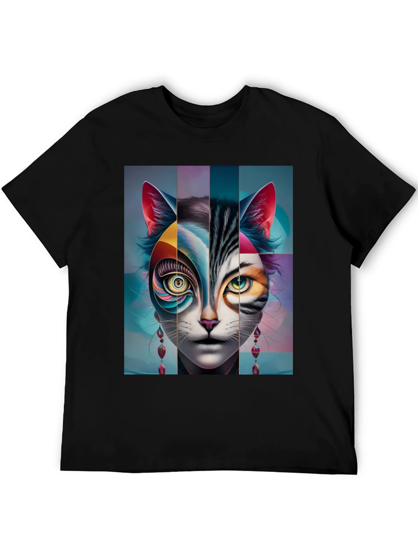 Artistic Cat Face Graphic Tee - Black