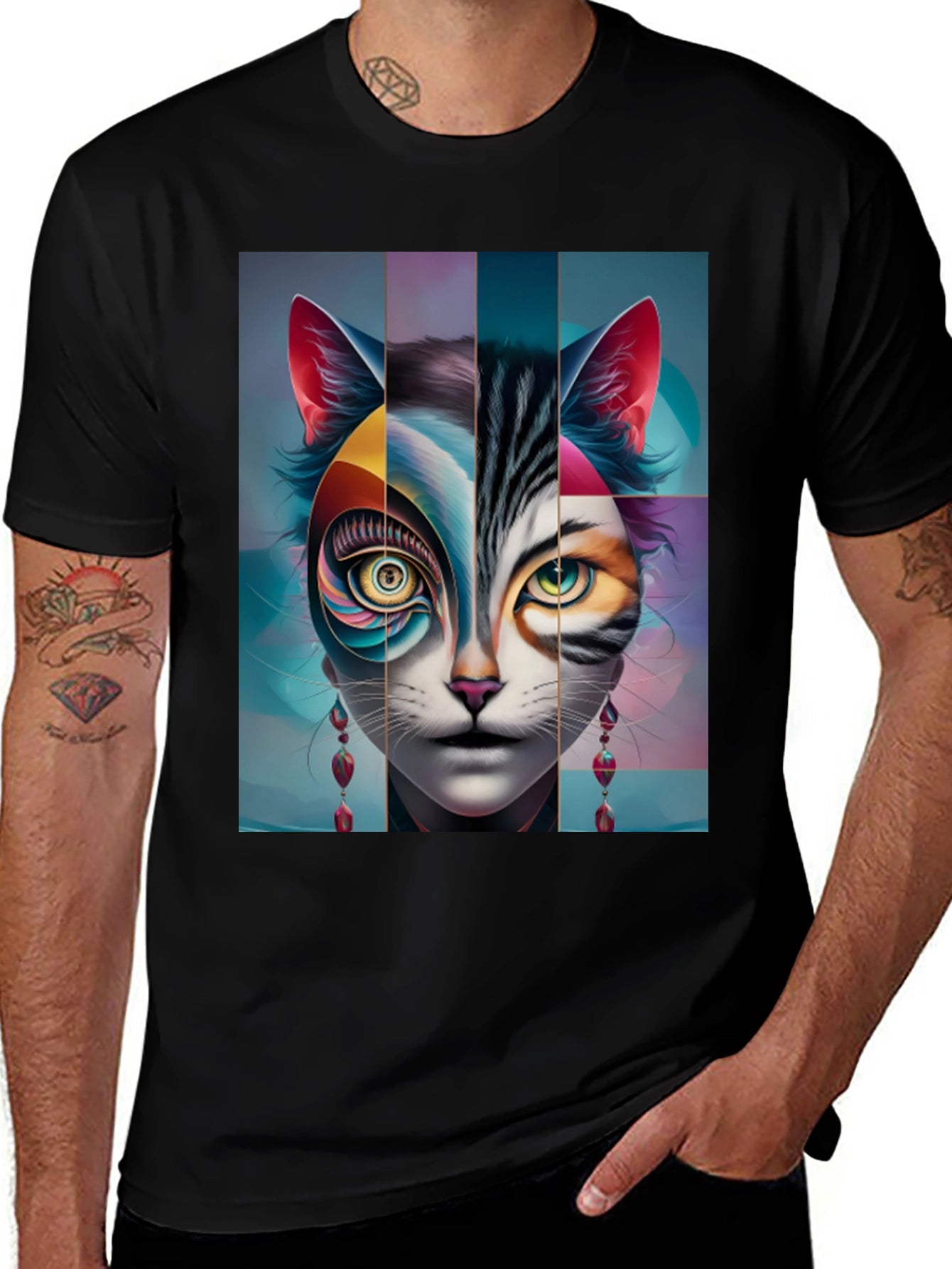 Artistic Cat Face Graphic Tee - Black