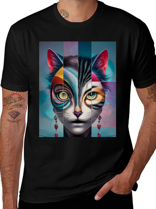 Artistic Cat Face Graphic Tee - Black
