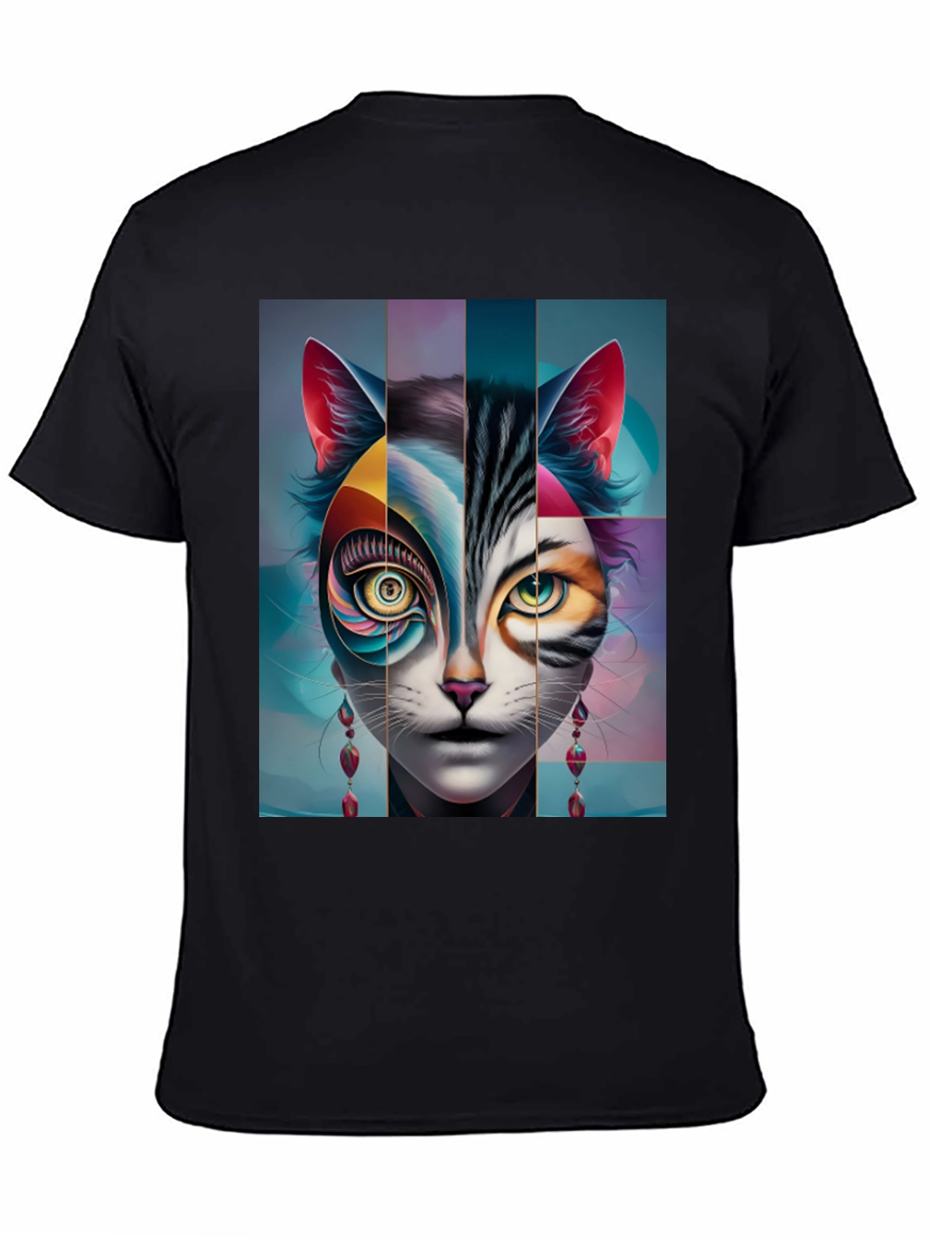 Artistic Cat Face Graphic Tee - Black