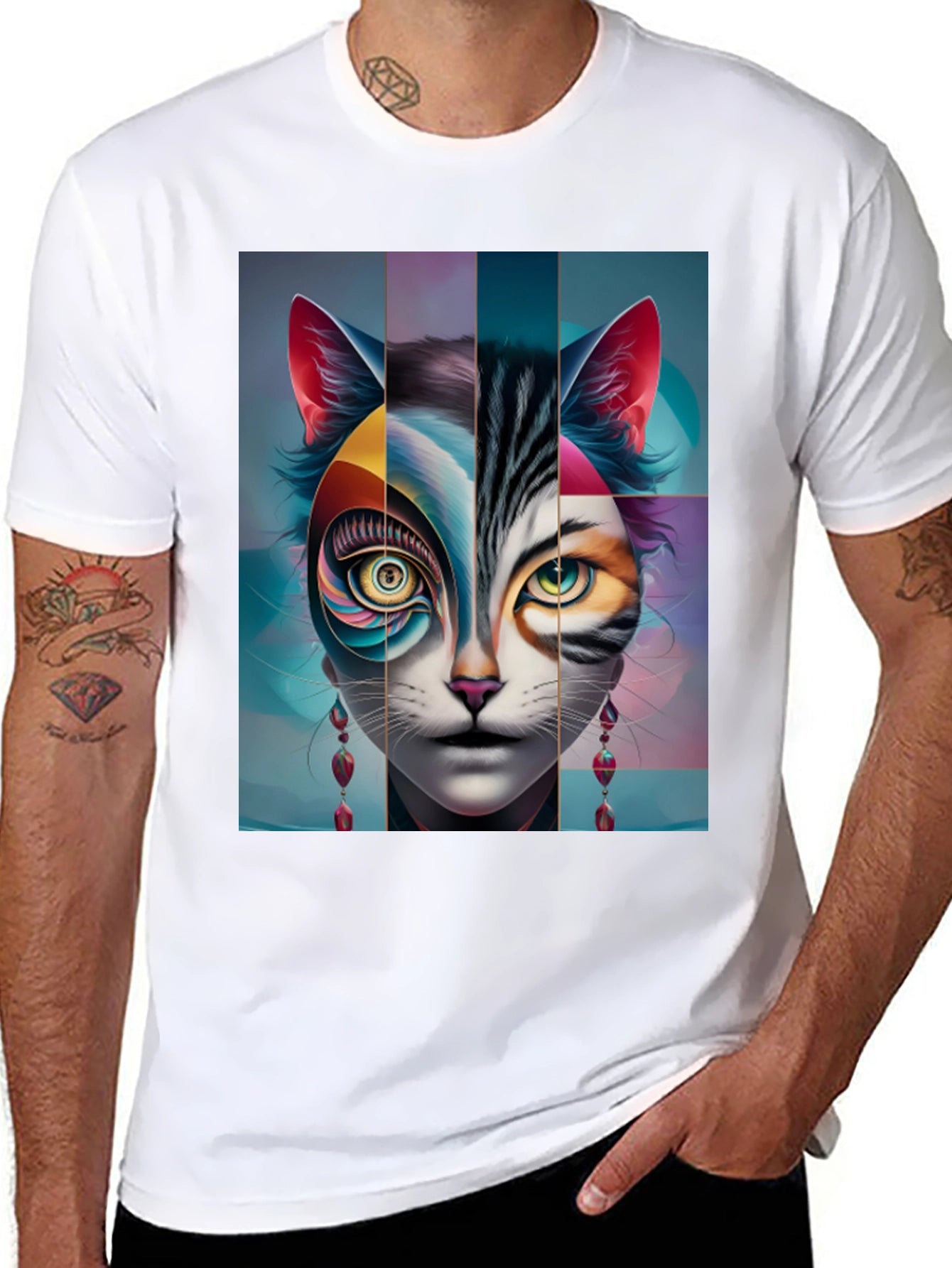 Artistic Cat Face Graphic Tee - Black