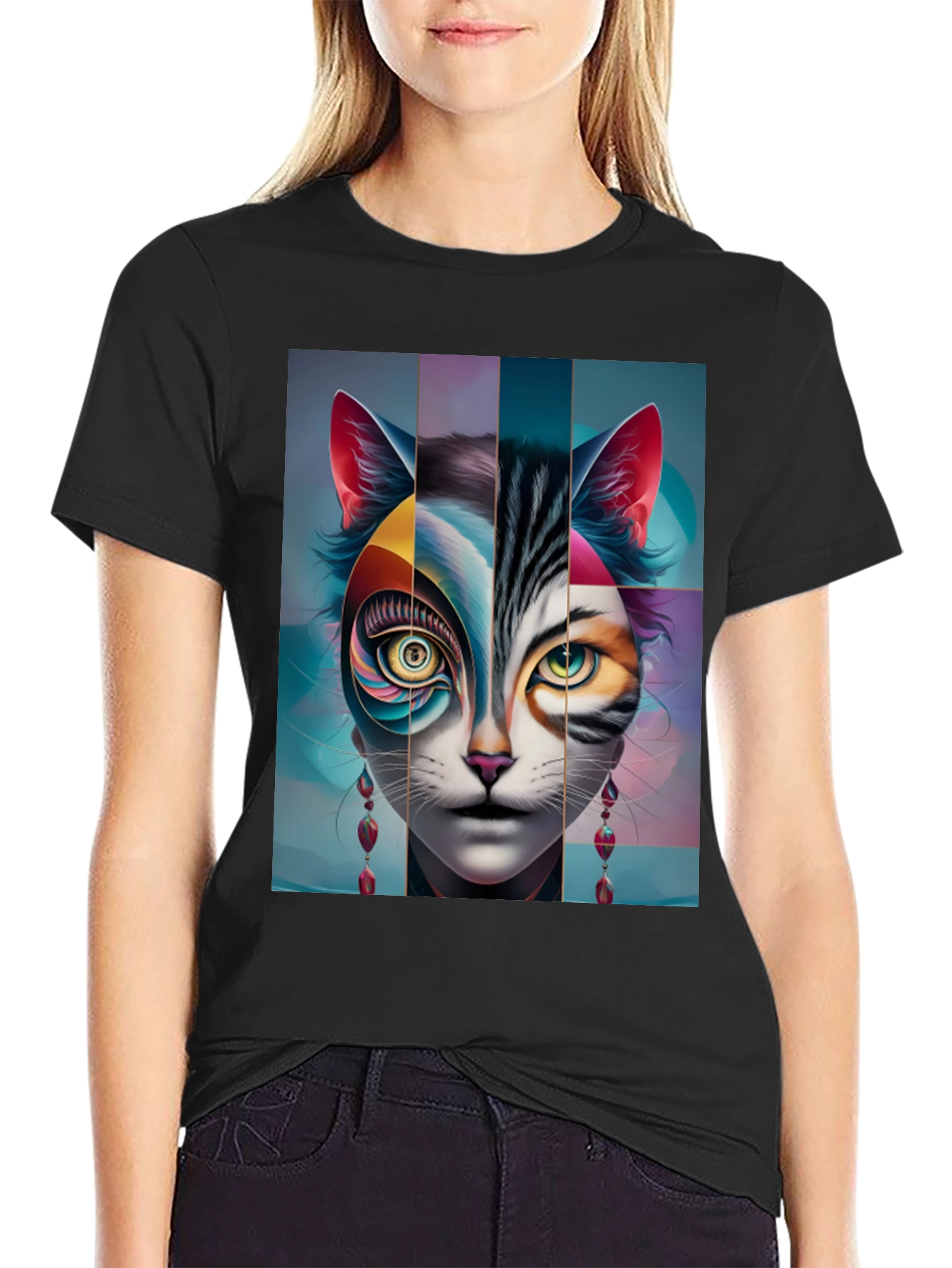 Artistic Cat Face Graphic Tee - Black
