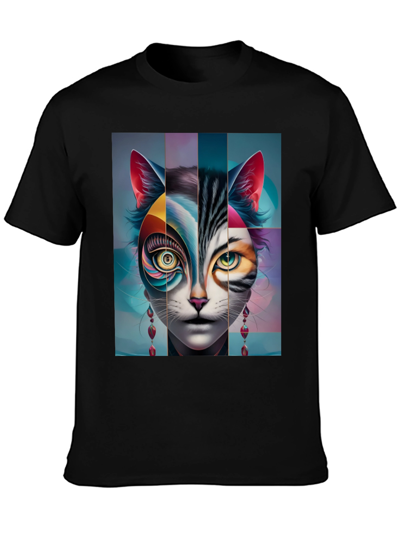 Artistic Cat Face Graphic Tee - Black