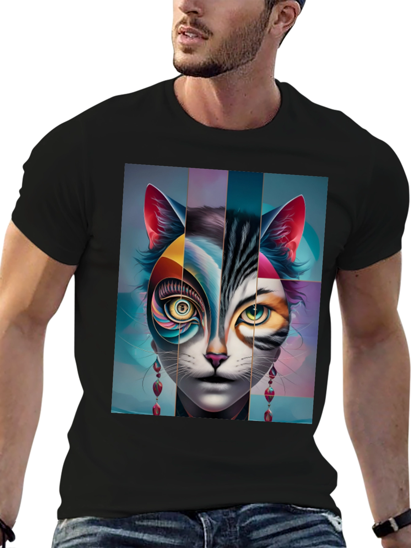 Artistic Cat Face Graphic Tee - Black
